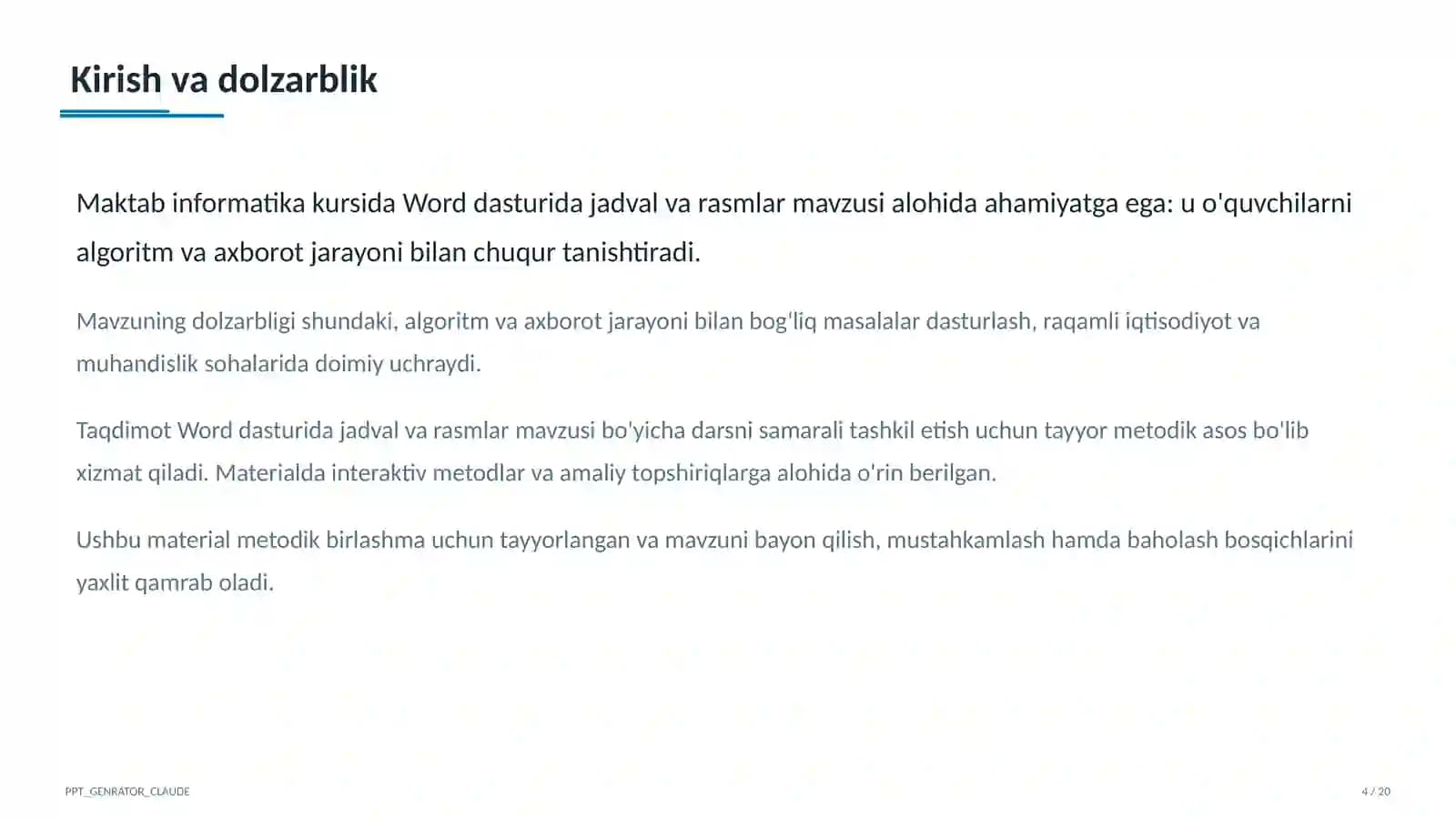 Word dasturida jadval va rasmlar (6-sinf)