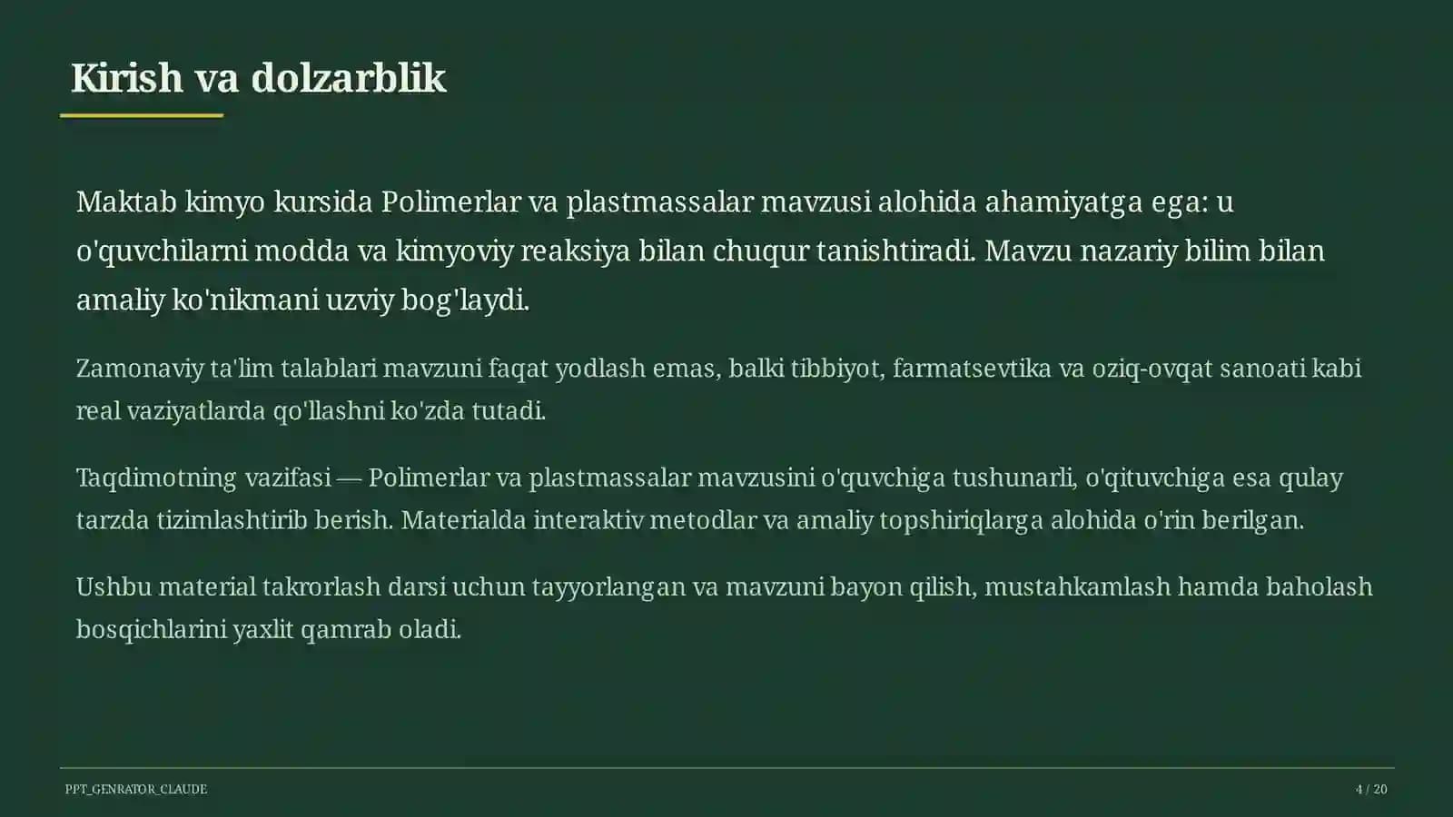 Polimerlar va plastmassalar (11-sinf)