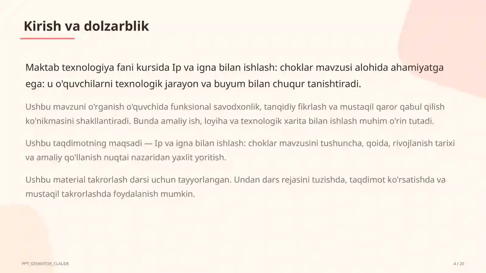 Ip va igna bilan ishlash: choklar (3-sinf)