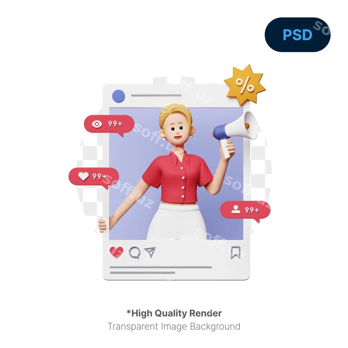 Sotsial media 3d illustratsiya premium psd | Social media 3d illustration premium psd
