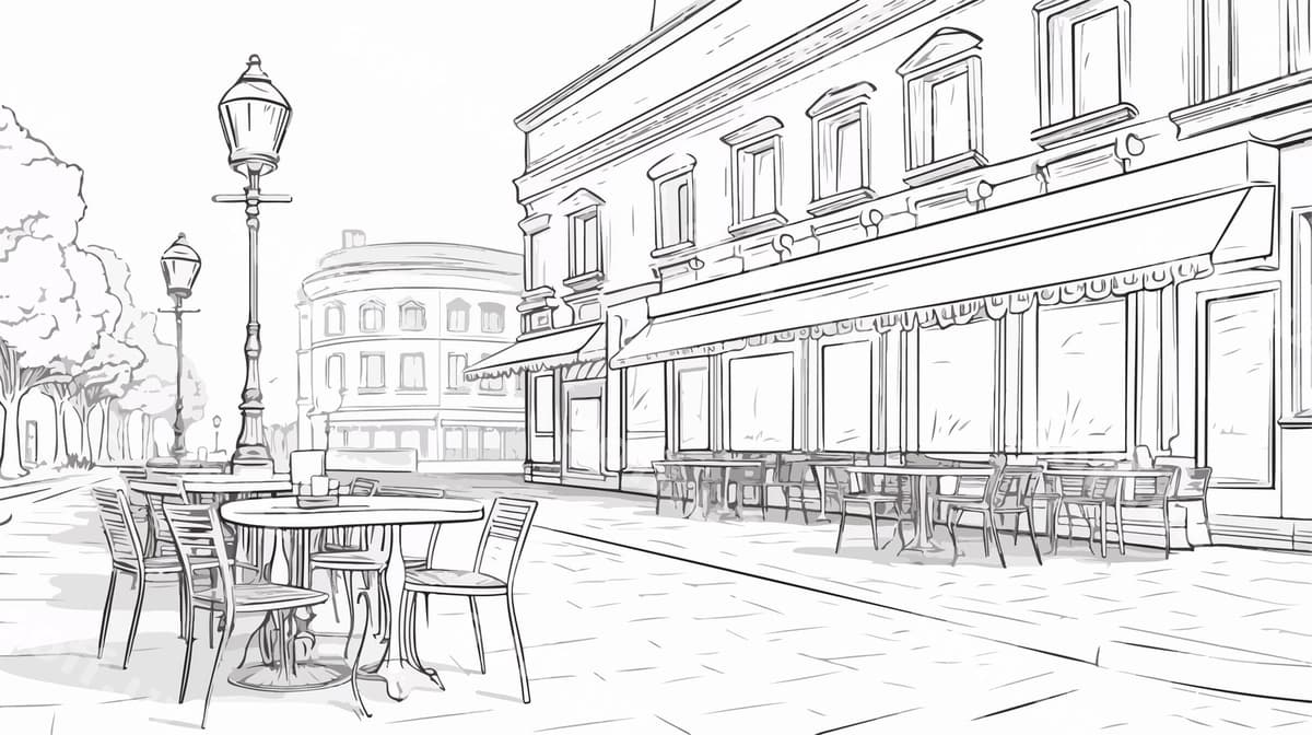 Ko'cha kafe sahnasi stollar va stulchairlar bilan | Street cafe scene with tables chairs