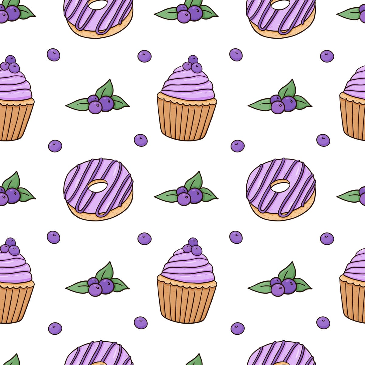 Yaltiroq donuts bilan choksiz naqsh oq ko'k bilan cupcakes | Seamless pattern with glazed donuts cupcakes with blueberries white