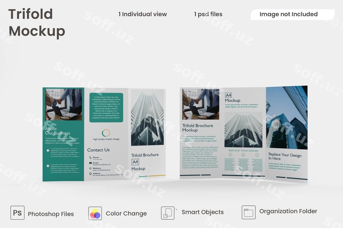Uch qavatli broshyura maket premium psd | Trifold brochure mockup premium psd