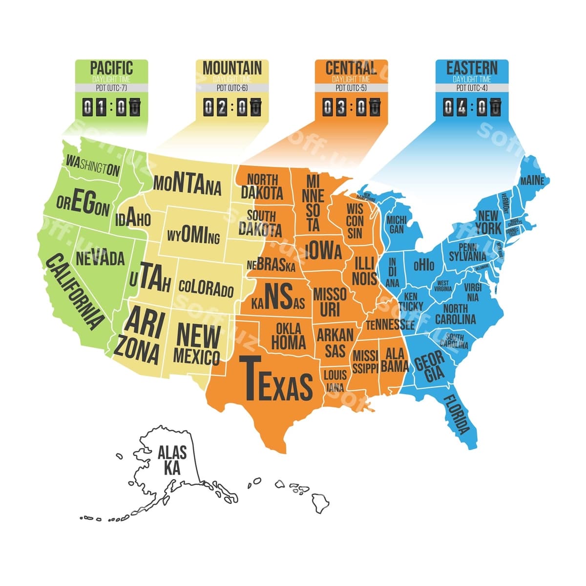 AQSh vaqt mintaqalari infografik xaritasi | Usa time zones infographic map