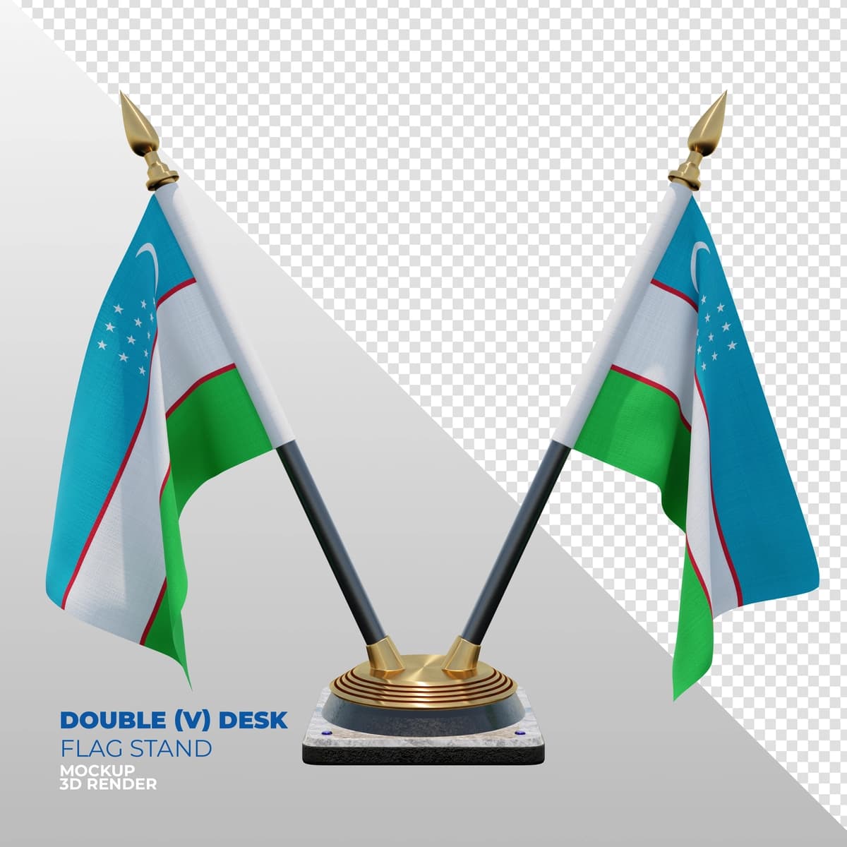 O'zbekiston realistik 3D teksturali qo'sh stol bayrog'i stend kompozitsiyasi | Uzbekistan realistic 3d textured double desk flag stand composition