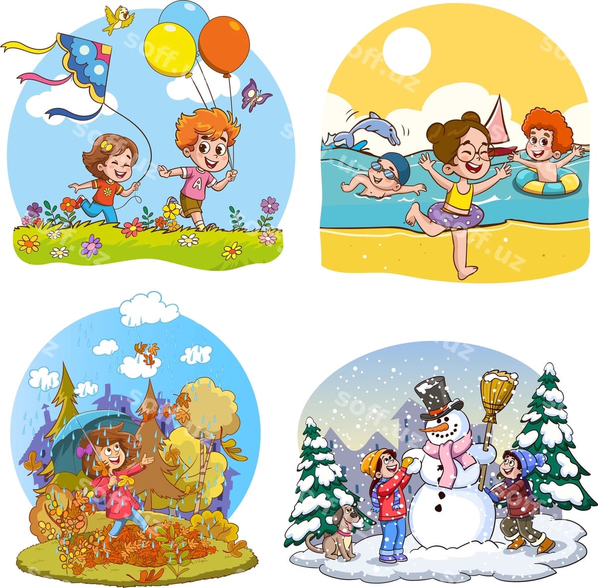 Vektor illustratsiyasi to'rt fasl | Vector illustration four seasons