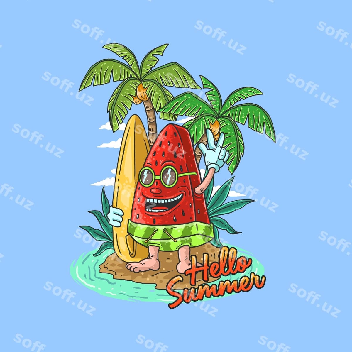 Tarvuz yoz surfing illustratsiyasi | Watermelon summer surfing illustration