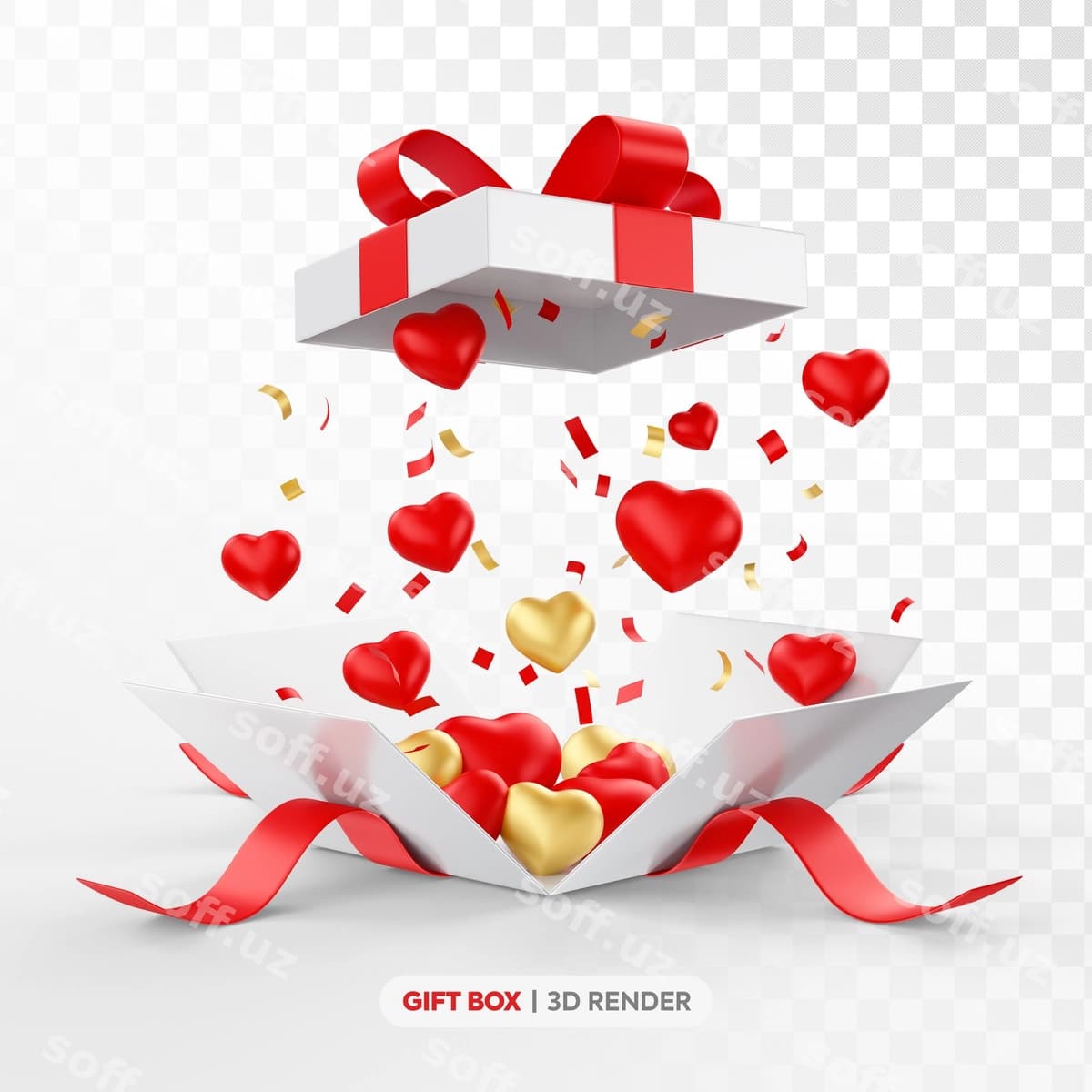 Oq qizil sovg'a qutisi 3D render yuraklar bilan | White red gift box 3d render with hearts