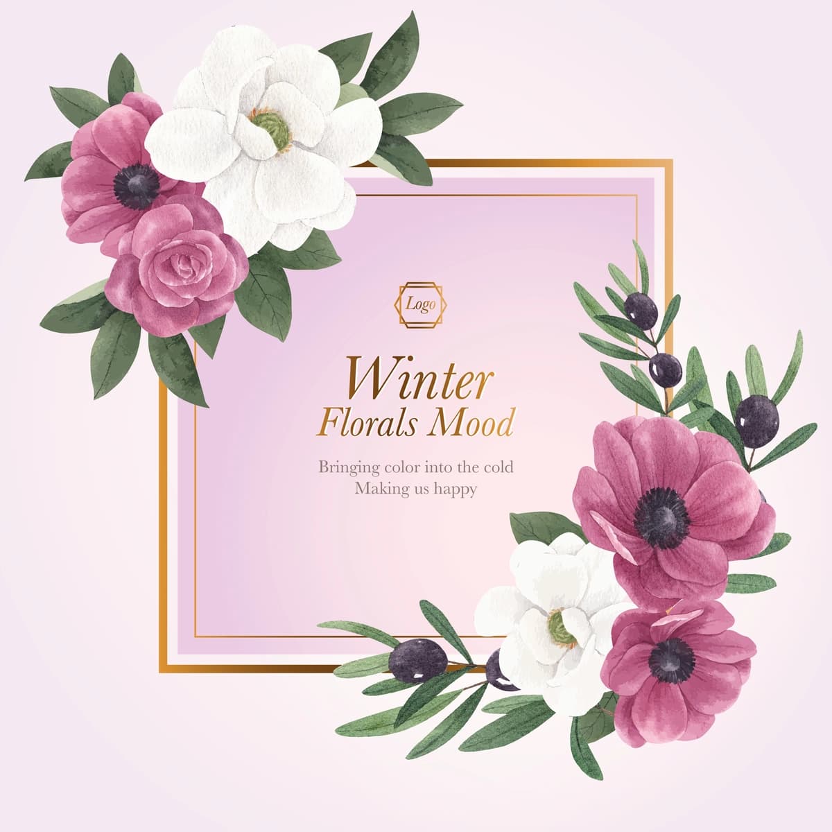 Qishki gulli kontseptsiyali akvarel uslubidagi gulchambar shabloni | Wreath template with winter floral concept watercolor style