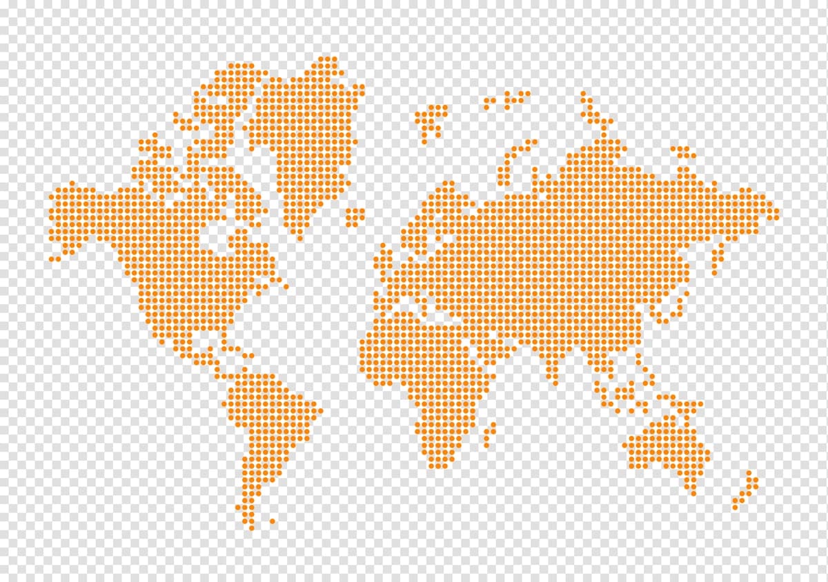 Jahon xaritasi shaffof fonda to'q sariq nuqtalardan yasalgan | World map made orange dots isolated transparent background