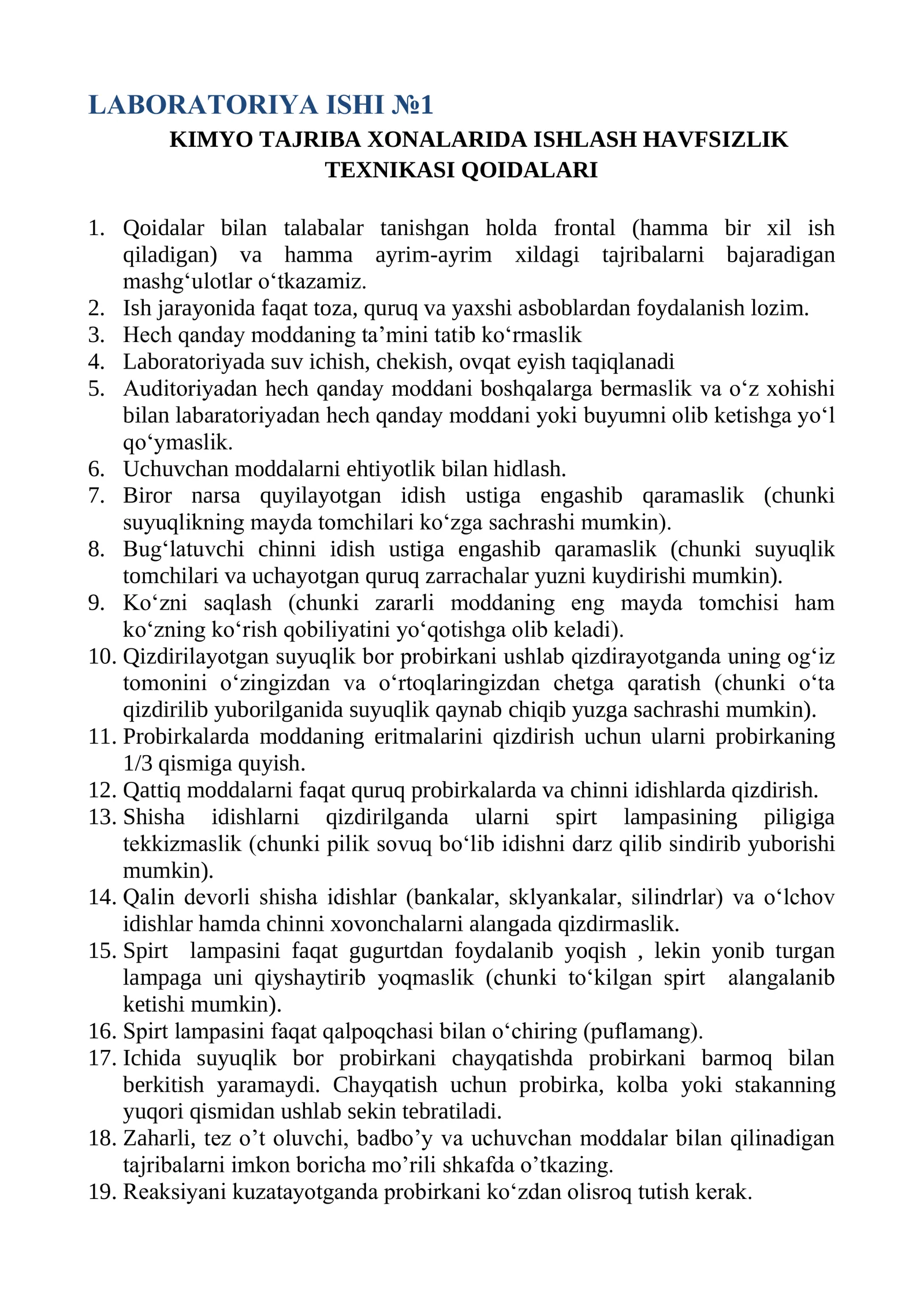 Kimyo tajriba xonalarida ishlash havfsizlik texnikasi qoidalari