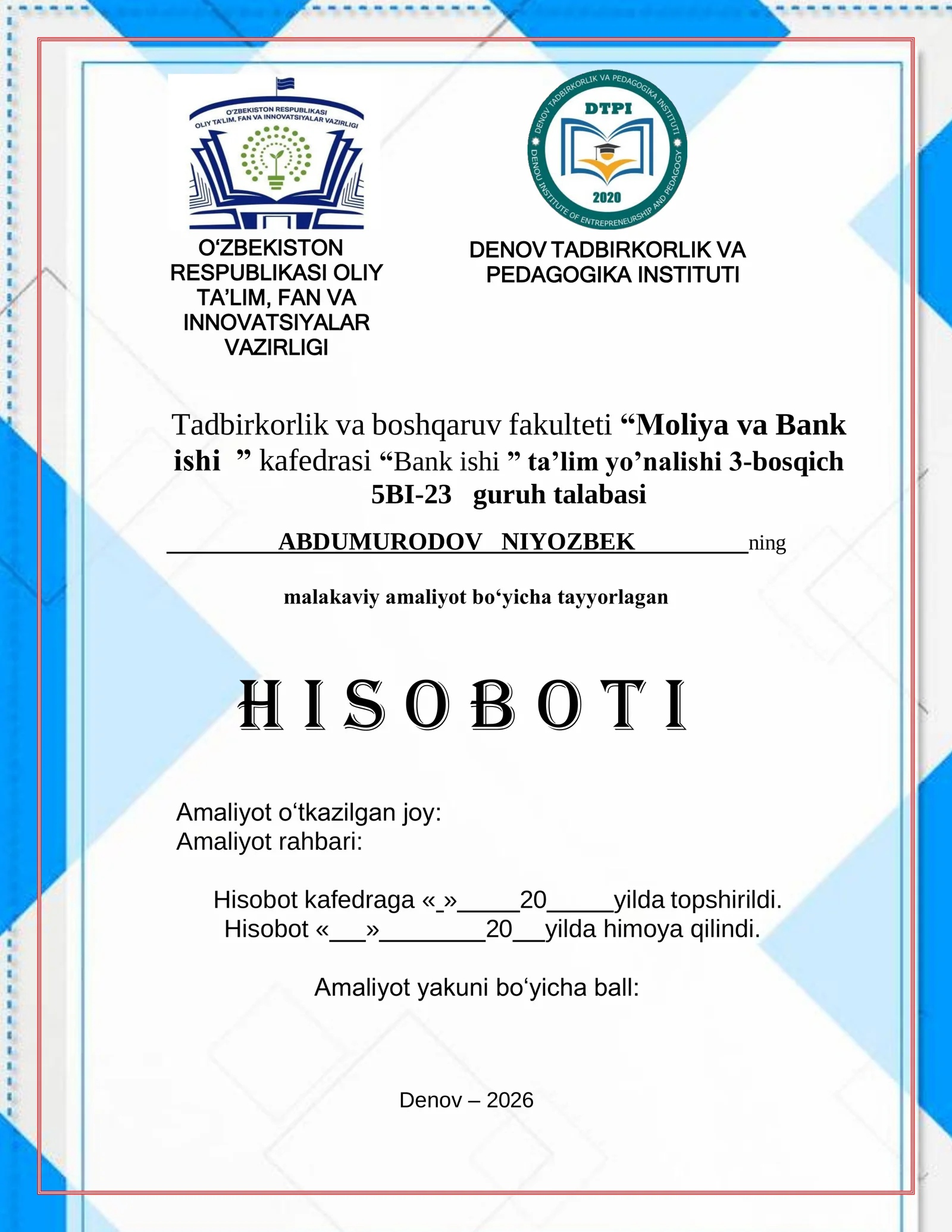 Abgrobok hamda ATB "Agrobank" Sho‘rchi  haqida  malakaviy amaliyot HISOBOTI