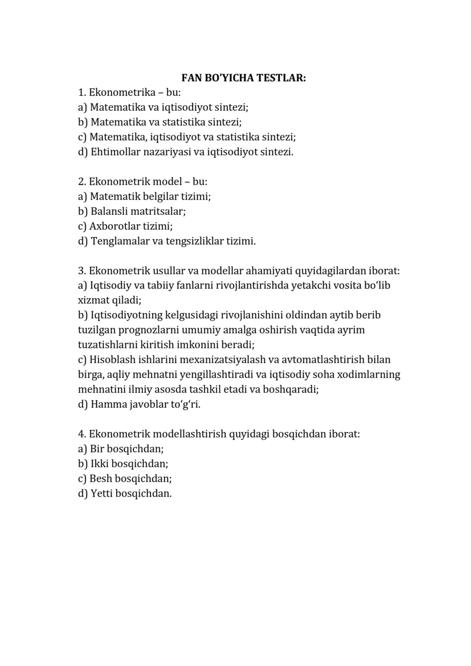 Ekonometrika fanidan sessiya testlari