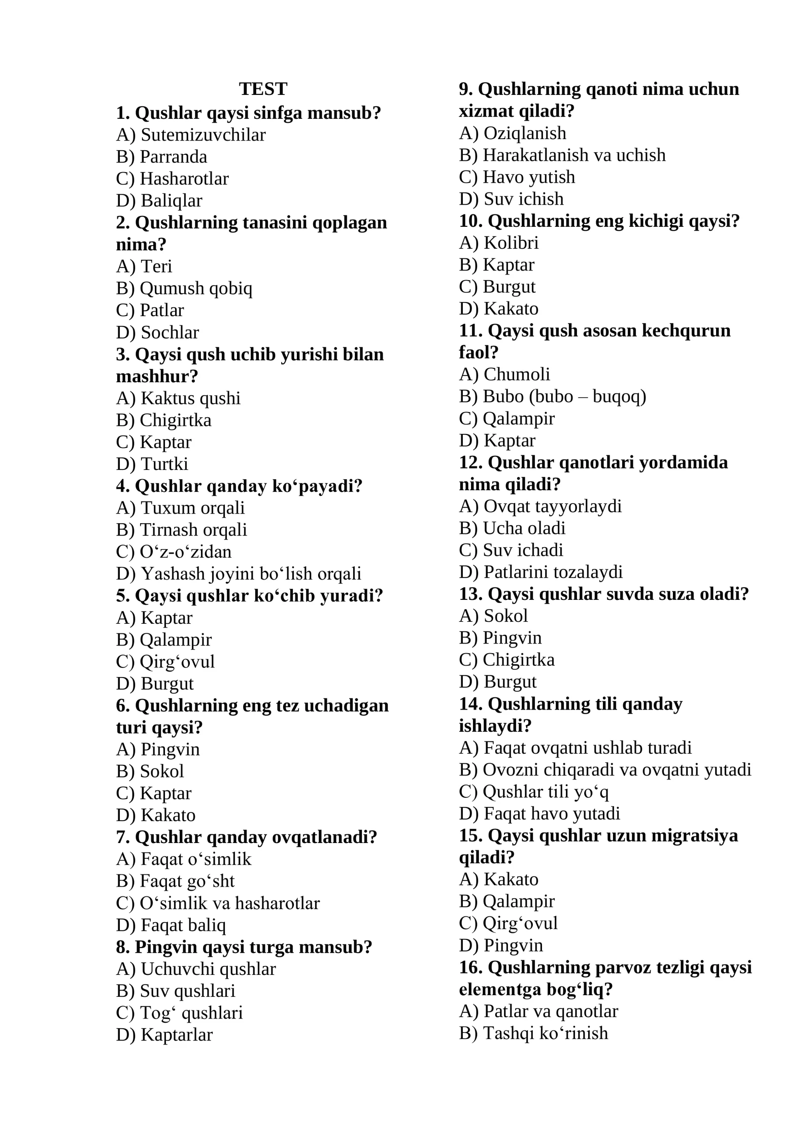 Qushlar Testi