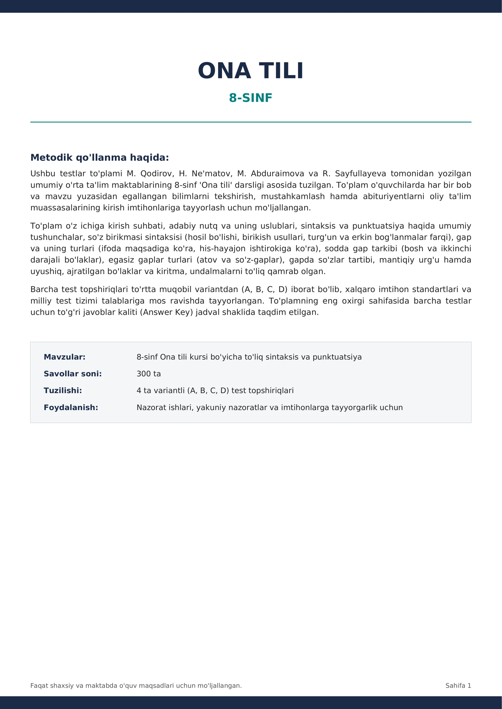 8-SINF ONA TILI | 300 TA MAVZULASHTIRILGAN TEST + JAVOBLAR KALITI | PDF