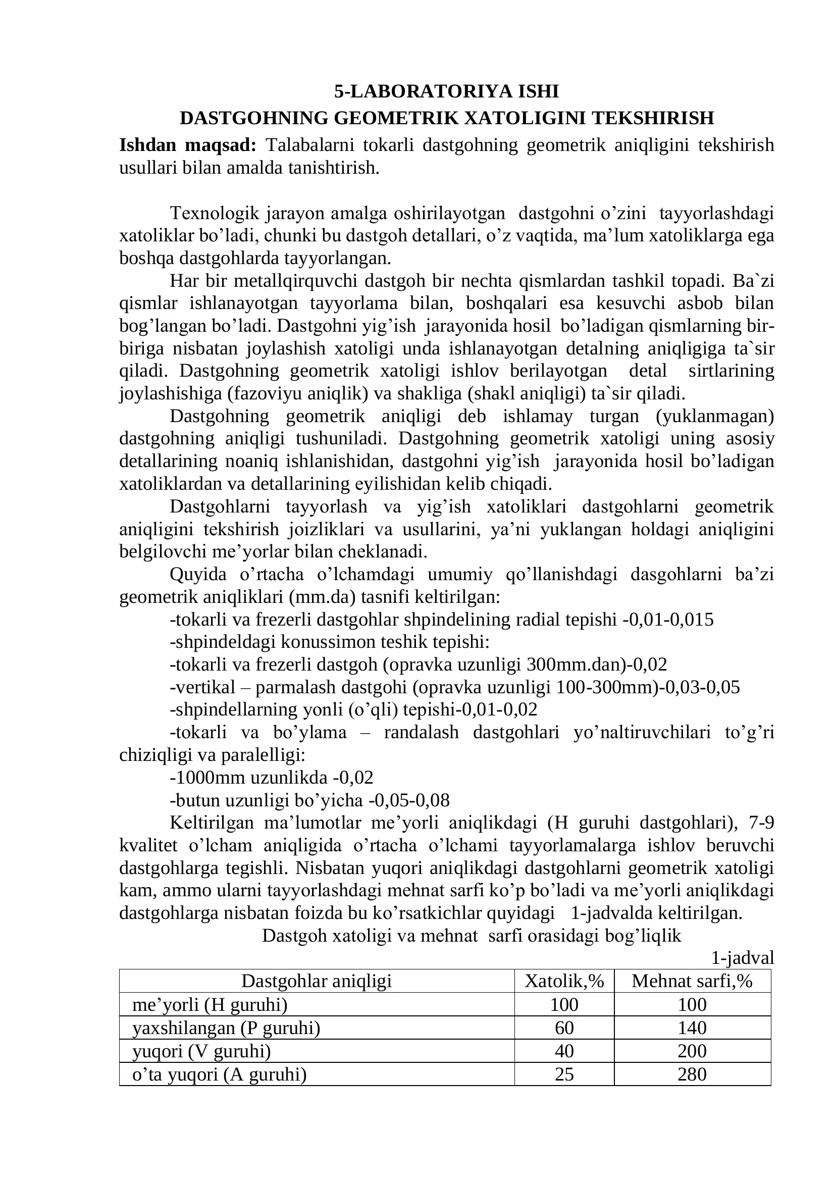Tokarli dastgohning geometrik aniqligini tekshirish usullar