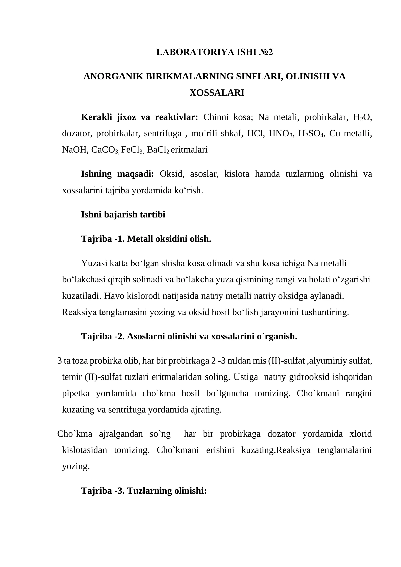 ANORGANIK BIRIKMALARNING SINFLARI, OLINISHI VA XOSSALARI