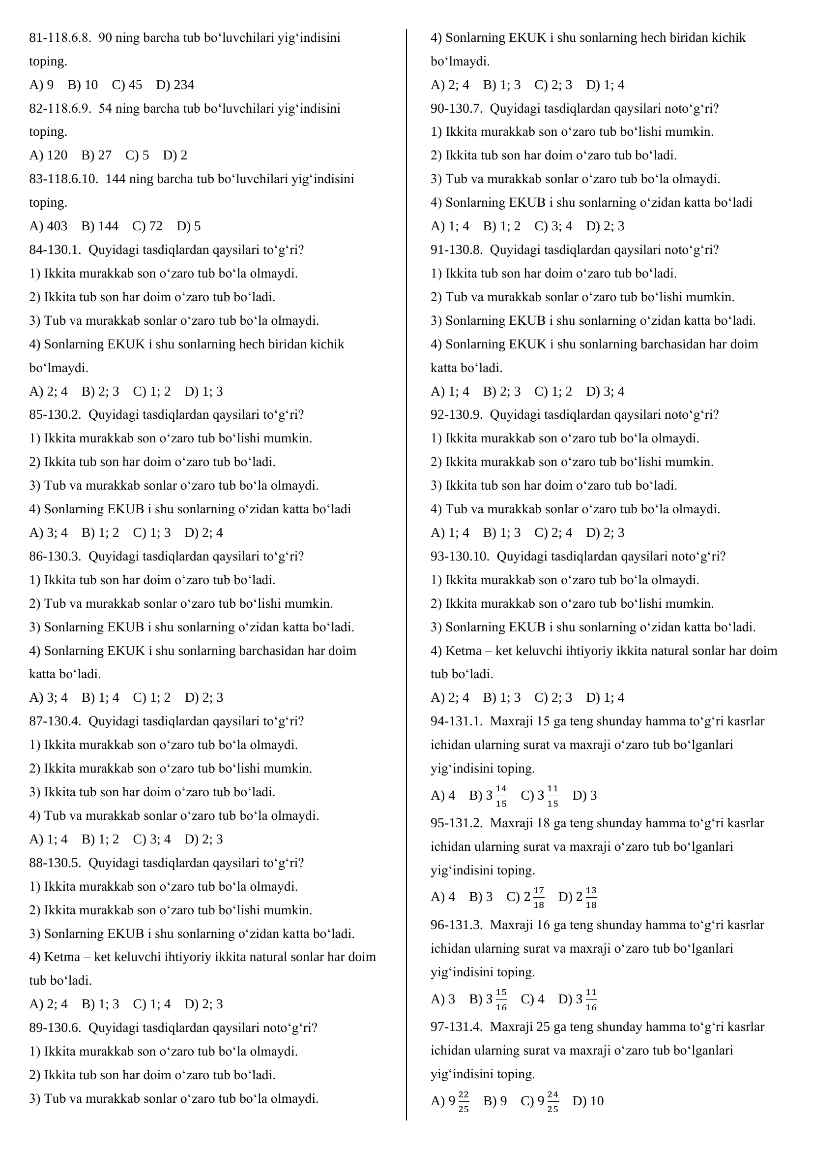 Abituriyentlar uchun matematikadan testlar