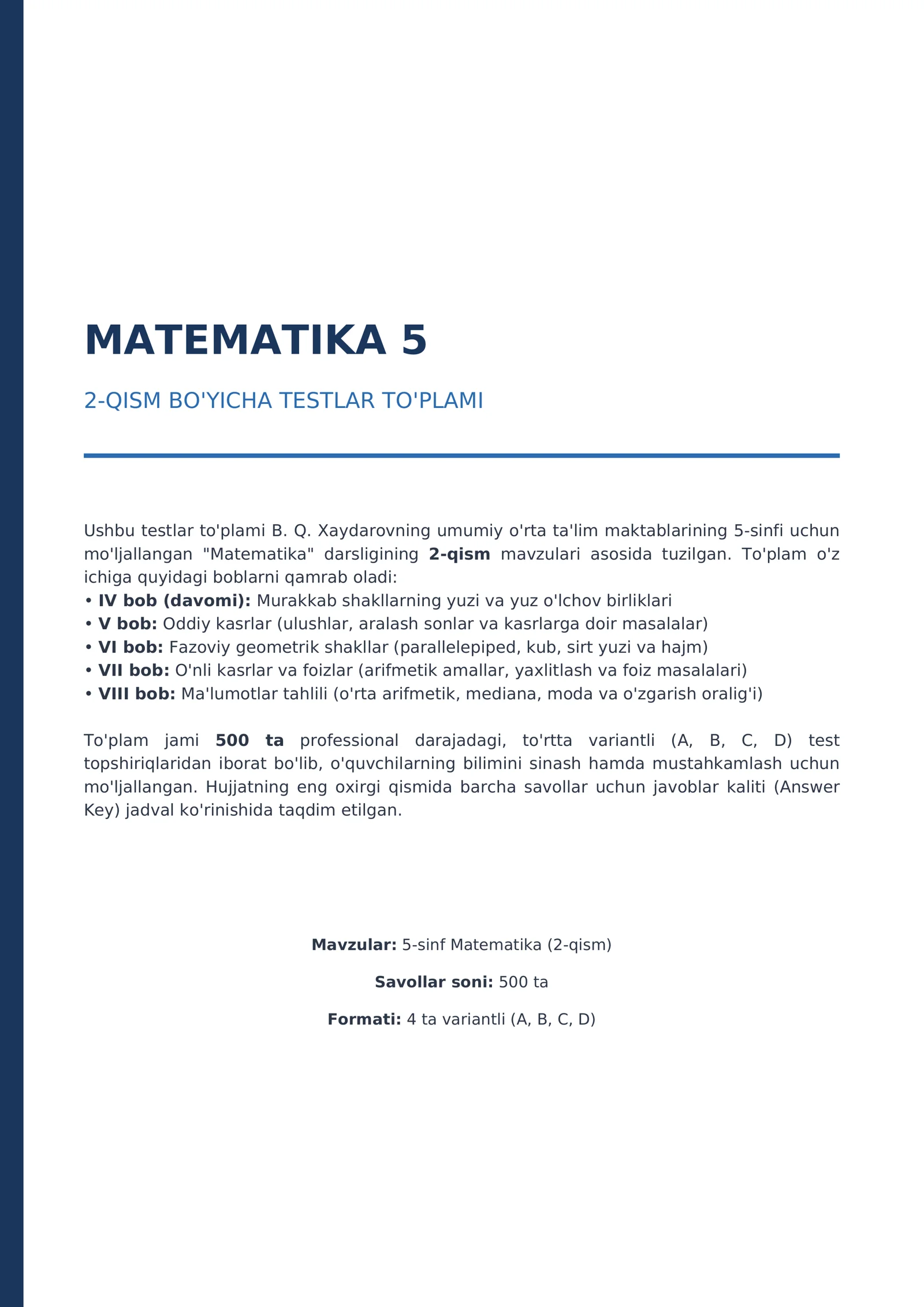5-SINF MATEMATIKA 2-QISM — 500 TA TEST | JAVOBLARI BILAN | PDF