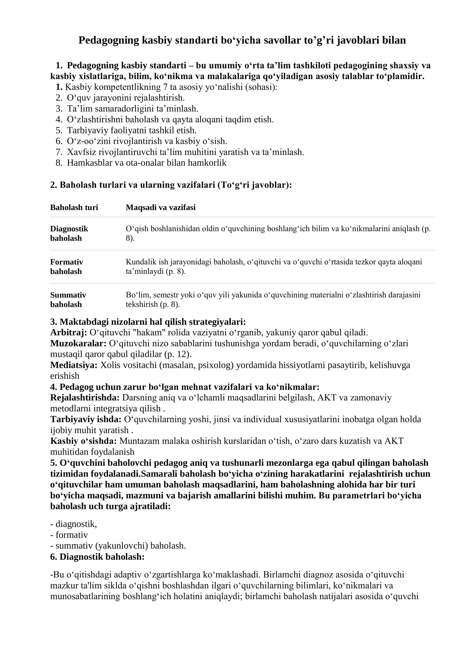 Attestatsiya kasb standarti savollari to'g'ri jaboblari bilan