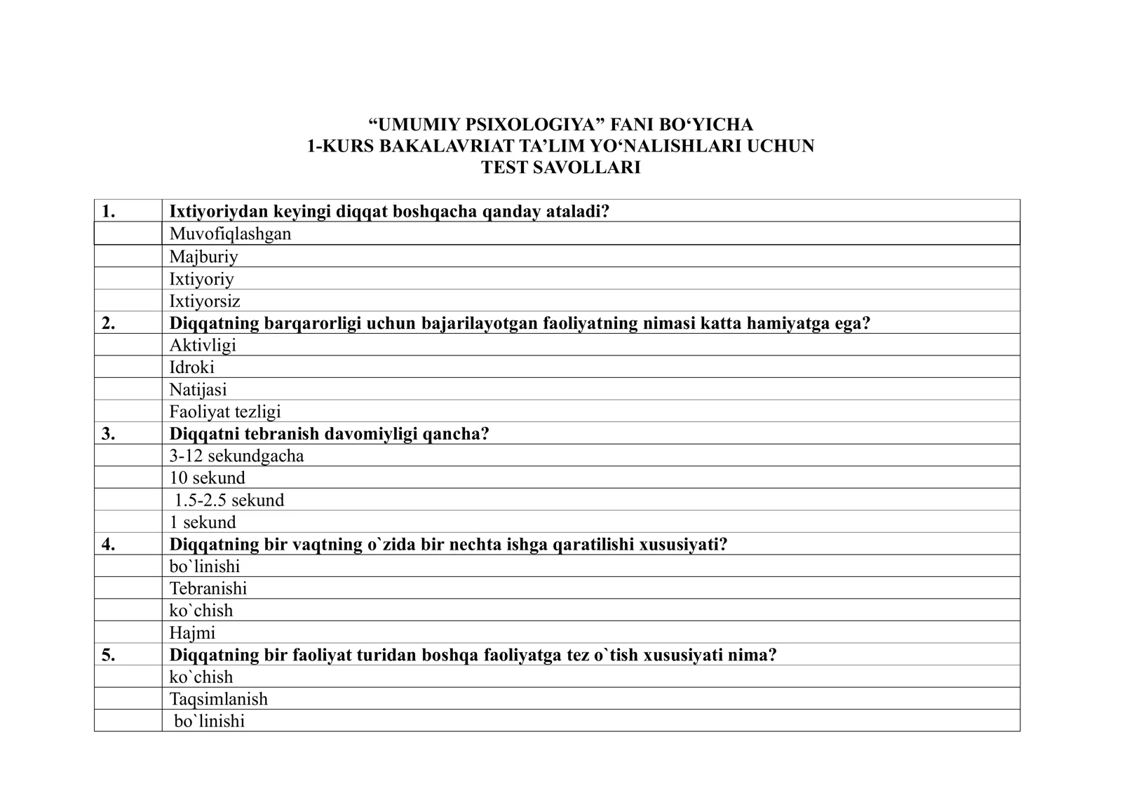 “UMUMIY PSIXOLOGIYA” FANI BO‘YICHA 1-KURS BAKALAVRIAT TA’LIM YO‘NALISHLARI UCHUN TEST SAVOLLARI