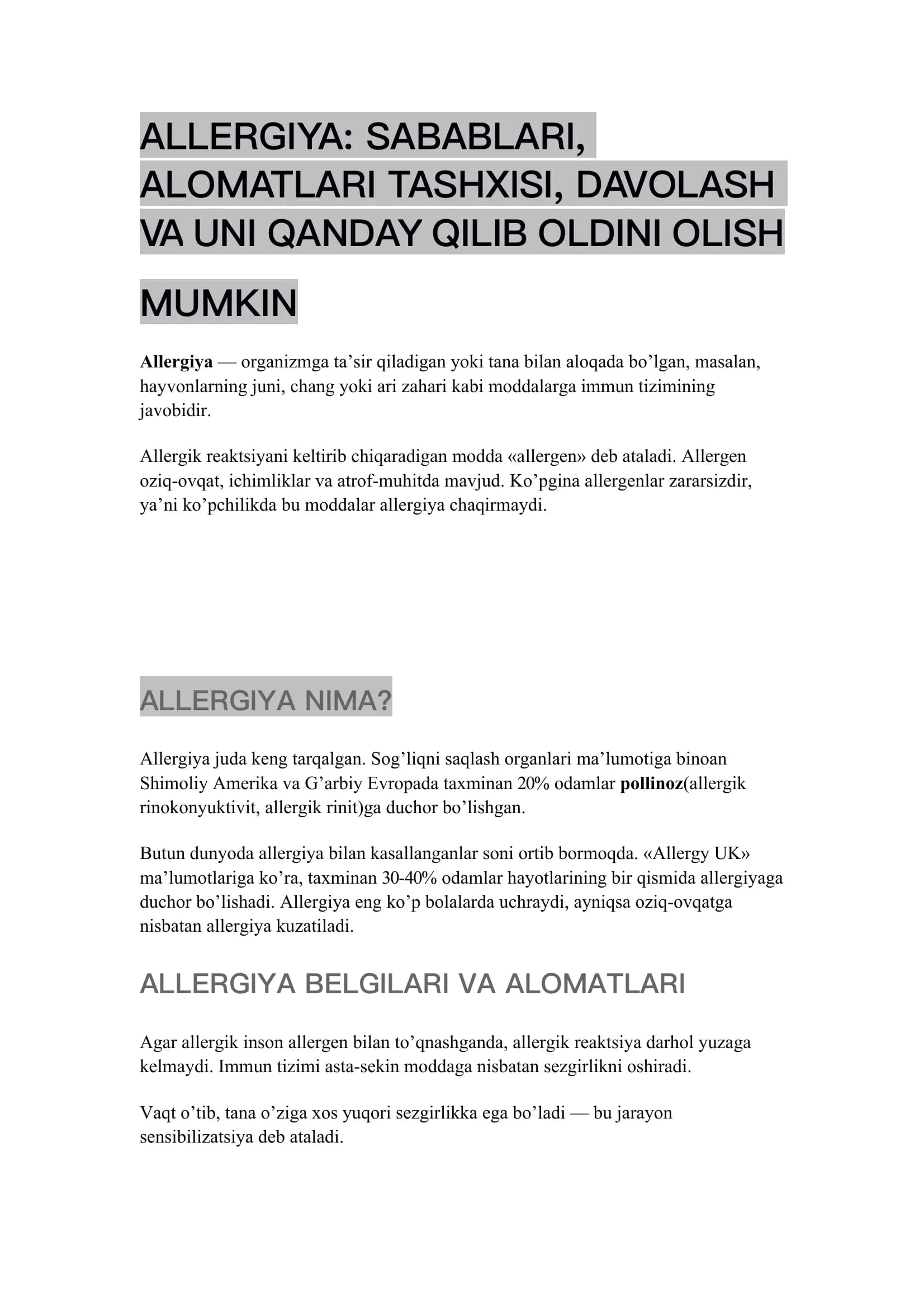 Allergiya: Sabablari, Alomaatlari Tashxisi, Davolash va Uni Qanday Qilib Oldini Olis