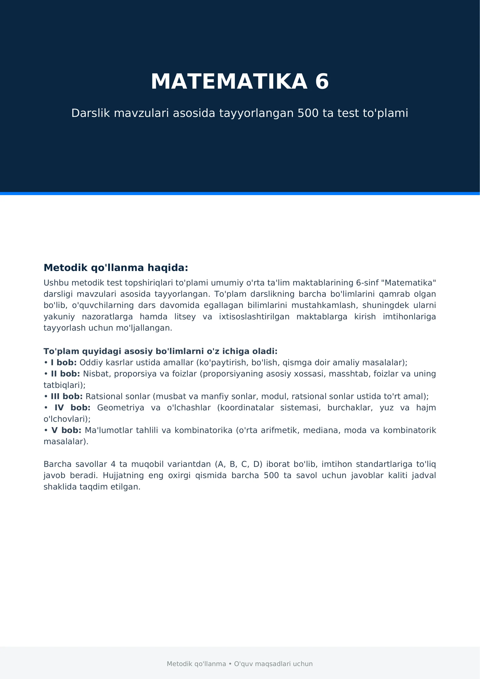 6-SINF MATEMATIKA | 500 TA TEST + TO‘LIQ JAVOBLAR | BILIMNI MUSTAHKAMLASH UCHUN PDF