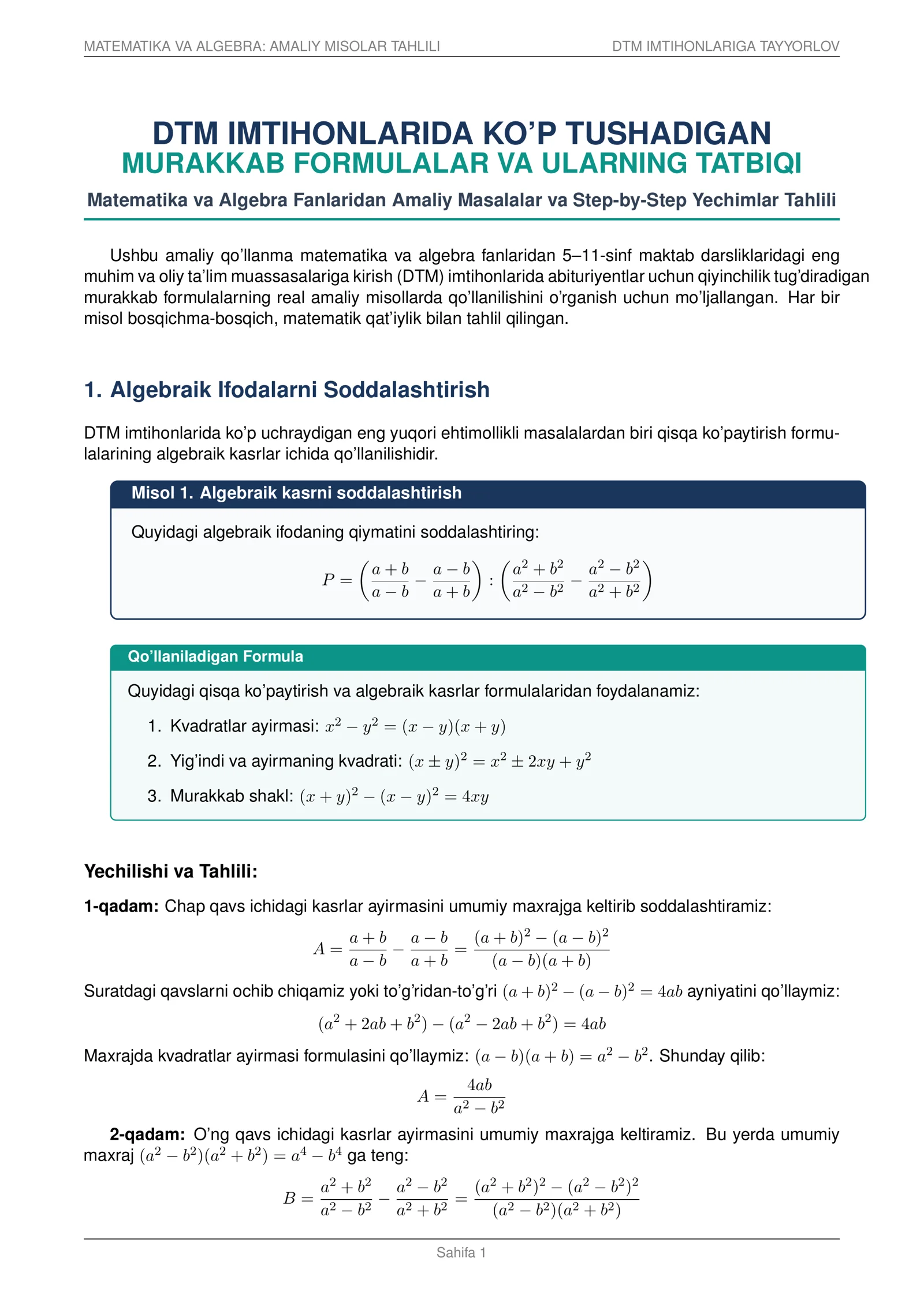 DTM MATEMATIKA VA ALGEBRA — MURAKKAB FORMULALAR VA AMALIY TATBIQI | STEP-BY-STEP YECHIMLAR PDF