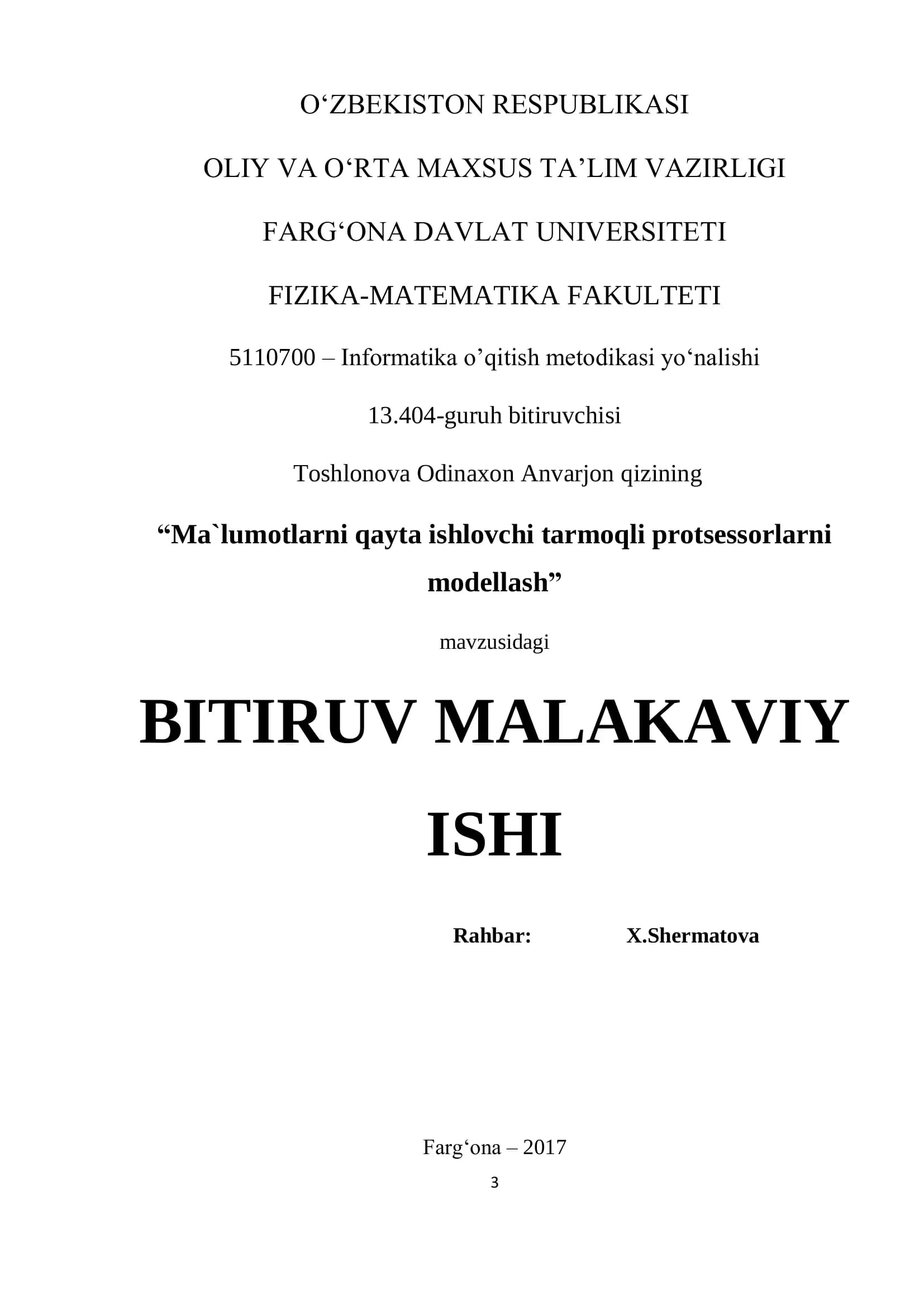 Ma`lumotlarni qayta ishlovchi tarmoqli protsessorlarni modellash