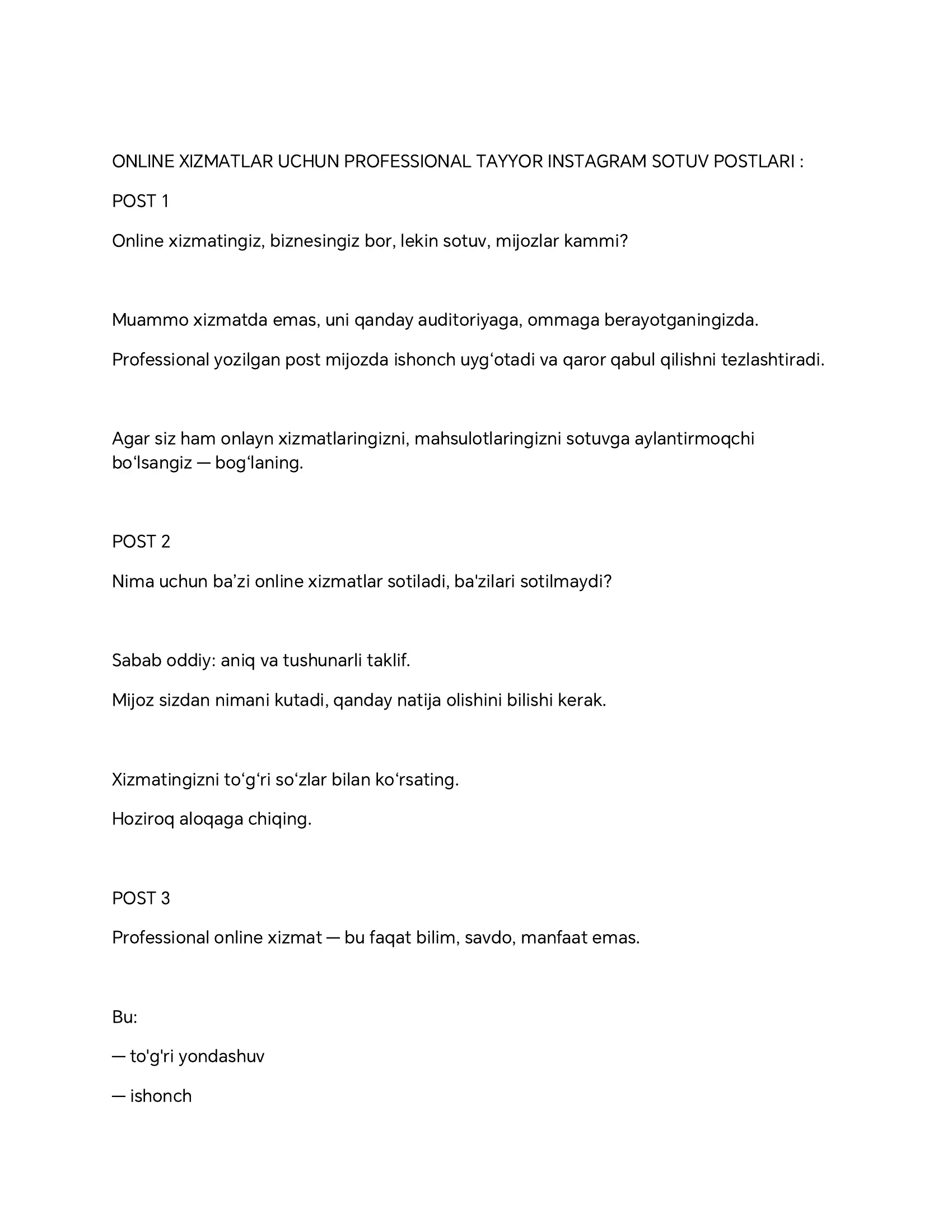 Instagram uchun 20 ta tayyor sotuv postlari ( online xizmatlar) o'zbekcha