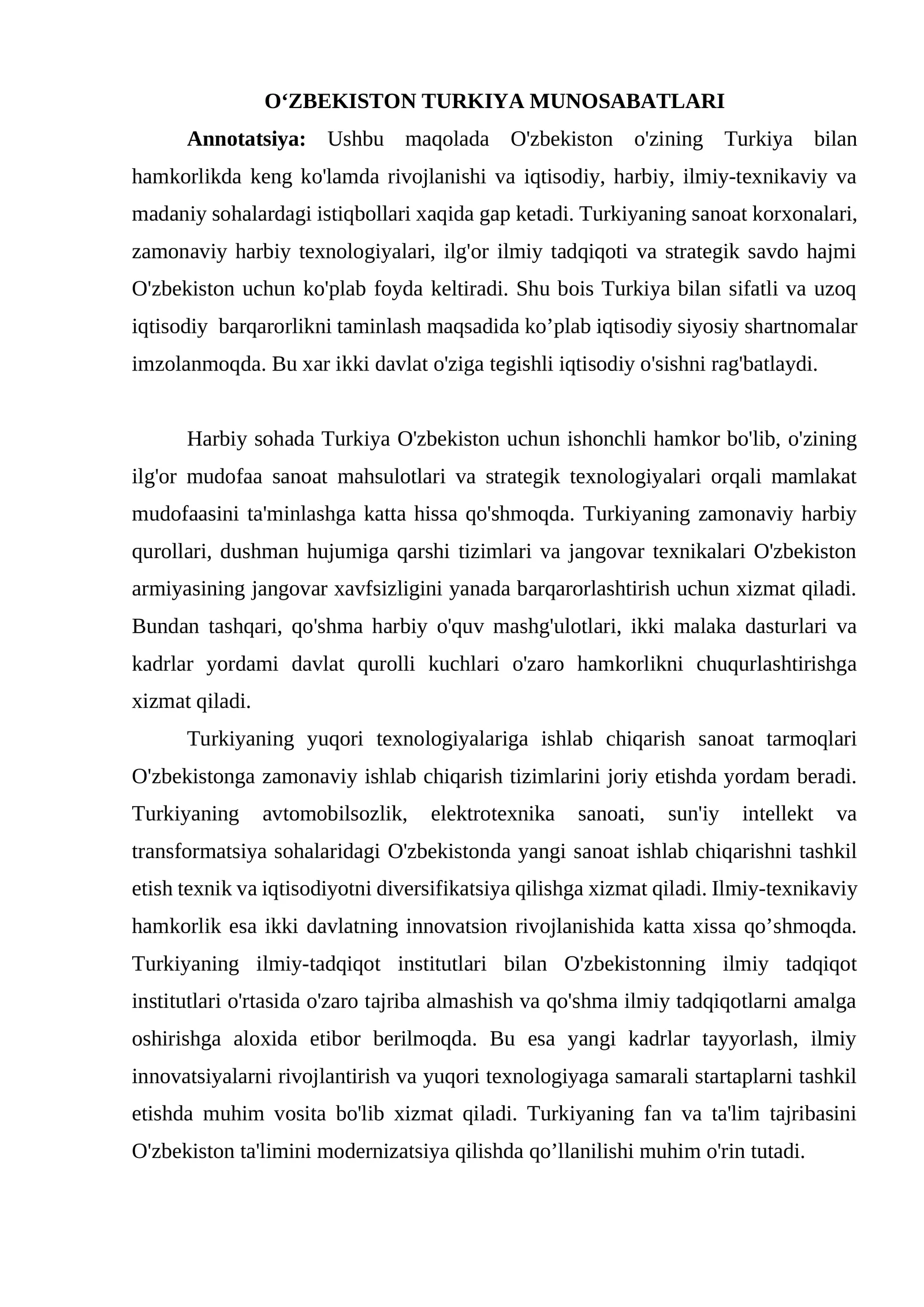 O‘ZBEKISTON TURKIYA MUNOSABATLARI