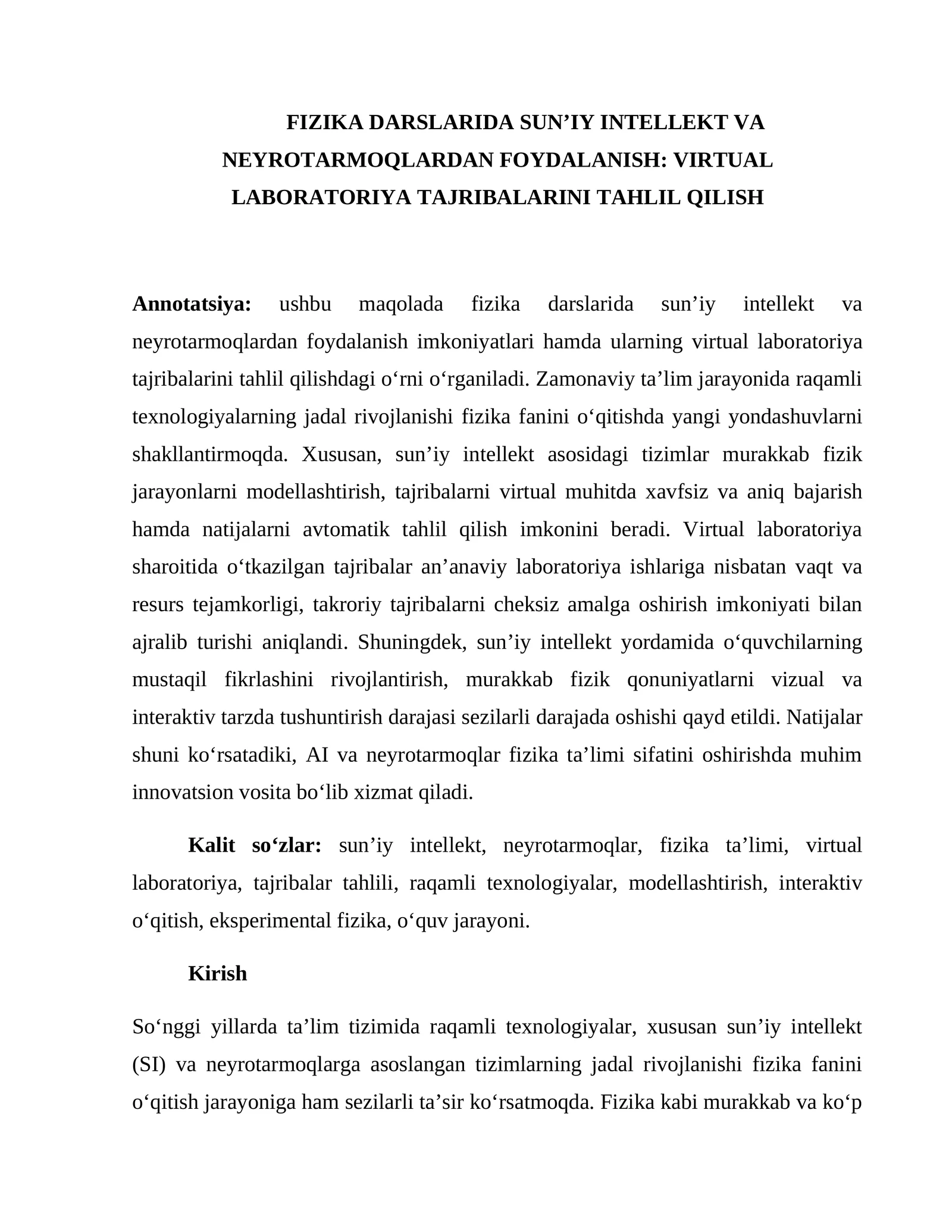 FIZIKA DARSLARIDA SUNʼIY INTELLEKT VA NEYROTARMOQLARDAN FOYDALANISH: VIRTUAL LABORATORIYA TAJRIBALARINI TAHLIL QILISH