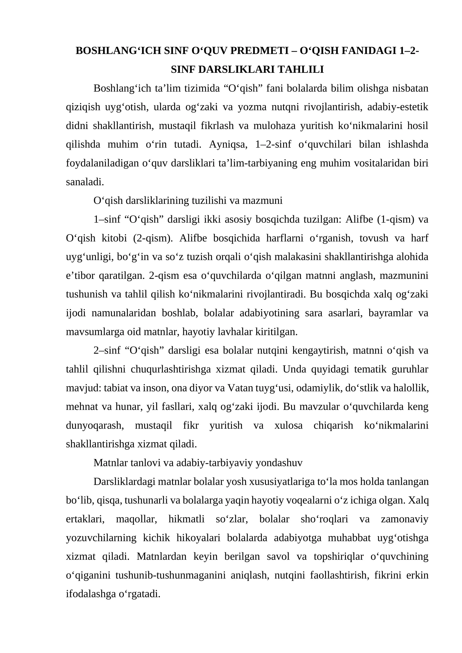 O‘QISH FANIDAGI 1–2-SINF DARSLIKLARI TAHLILI