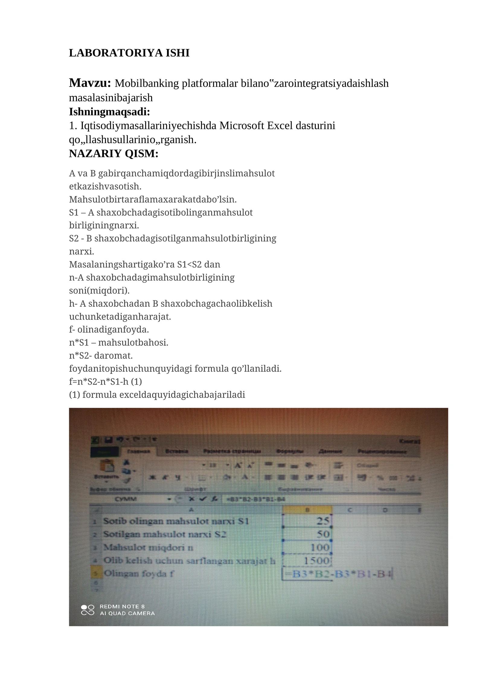 Mobilbanking platformalar bilano‟zarointegratsiyadaishlash masalasinibajarish