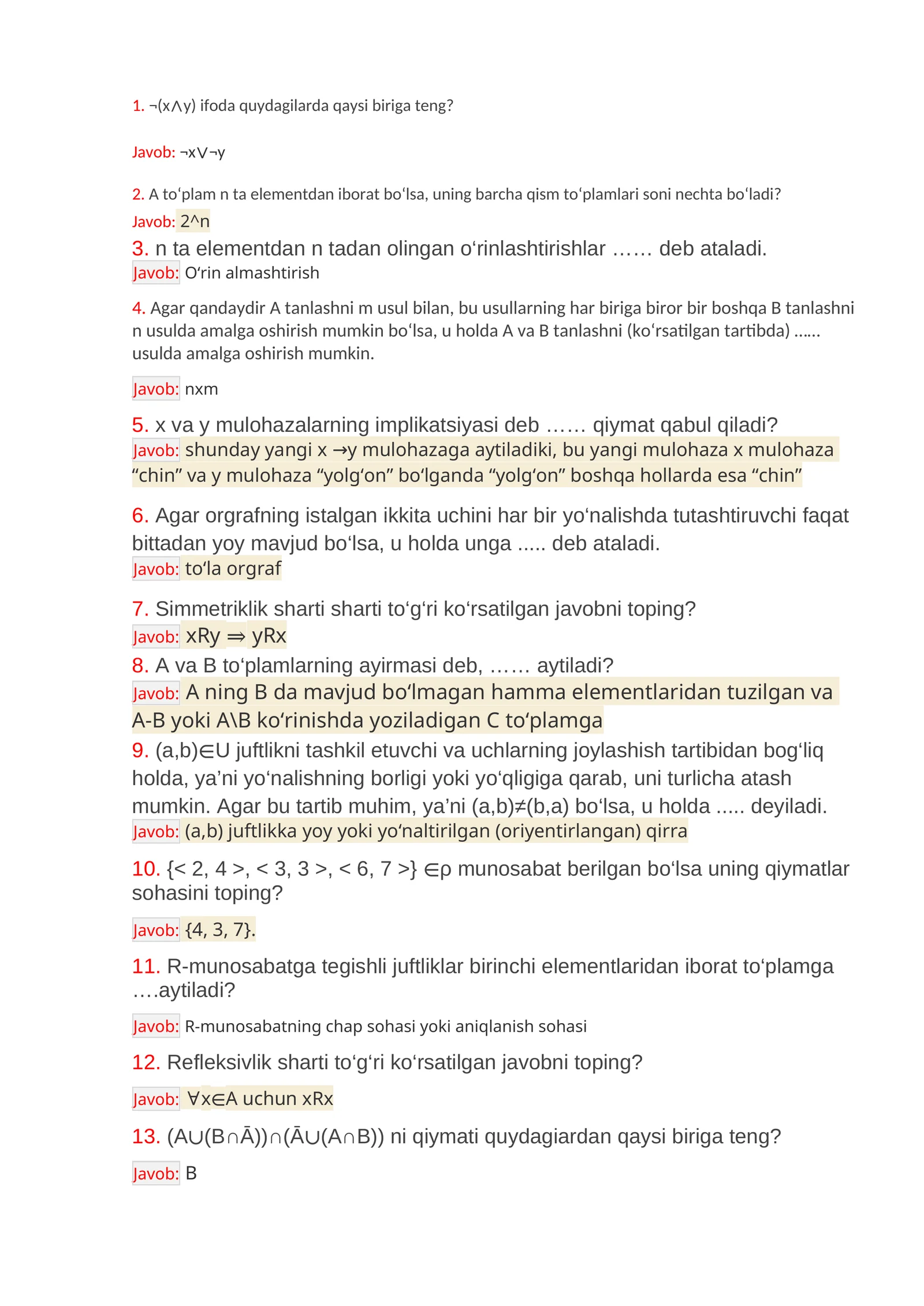 Diskret fanidan savollar va javoblar(yakuniy nazorat)