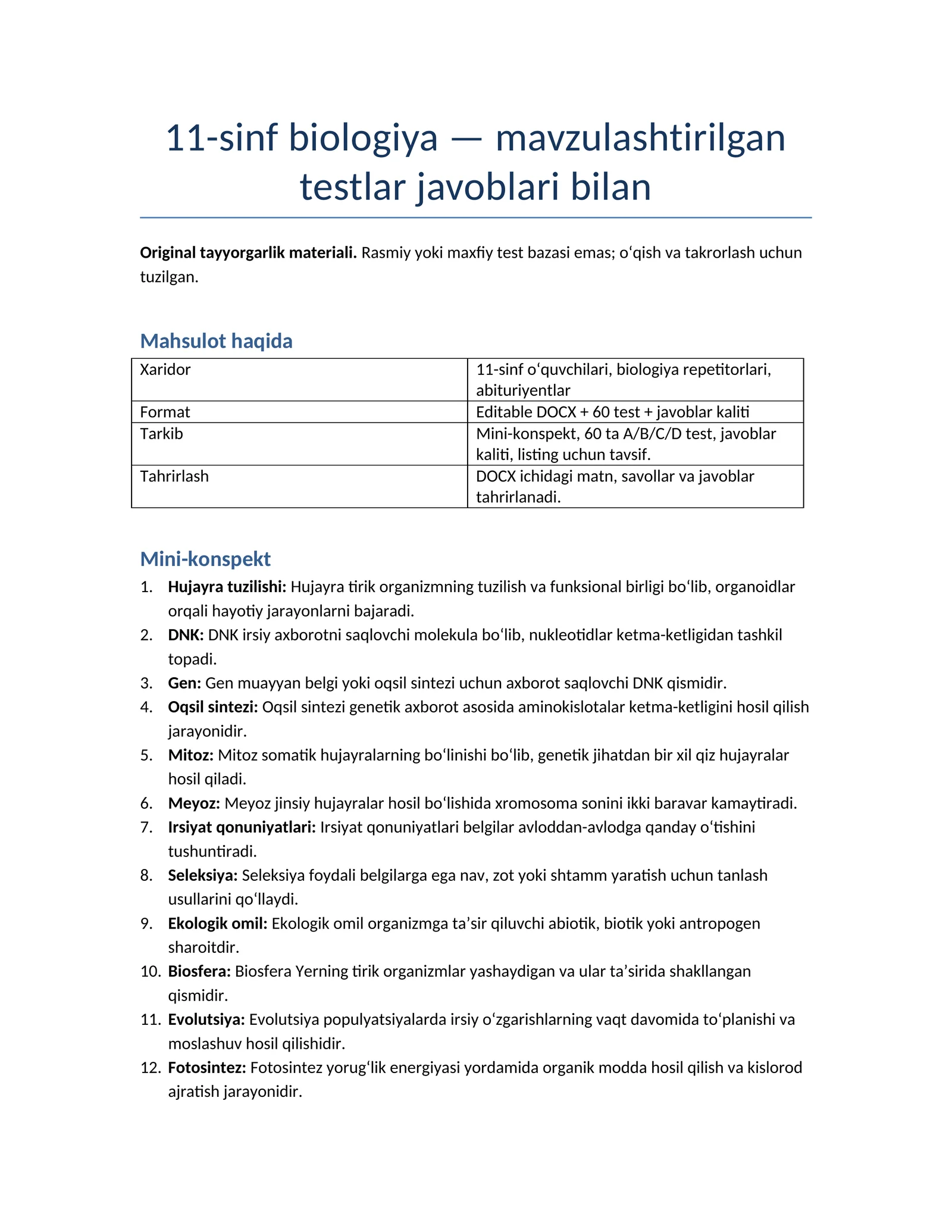 11-sinf biologiya — mavzulashtirilgan testlar javoblari bilan