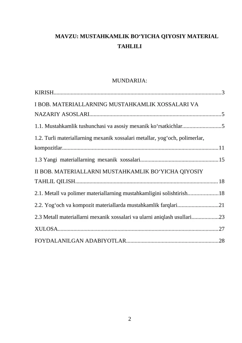 MUSTAHKAMLIK BO‘YICHA QIYOSIY MATERIAL TAHLILI