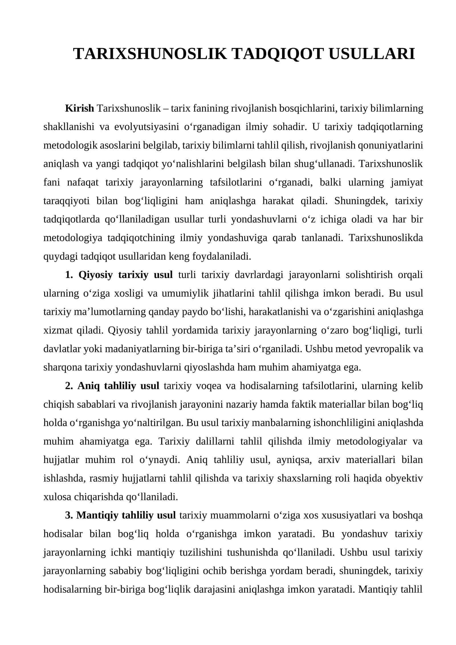 Tarixshunoslikning  tadqiqot usullari