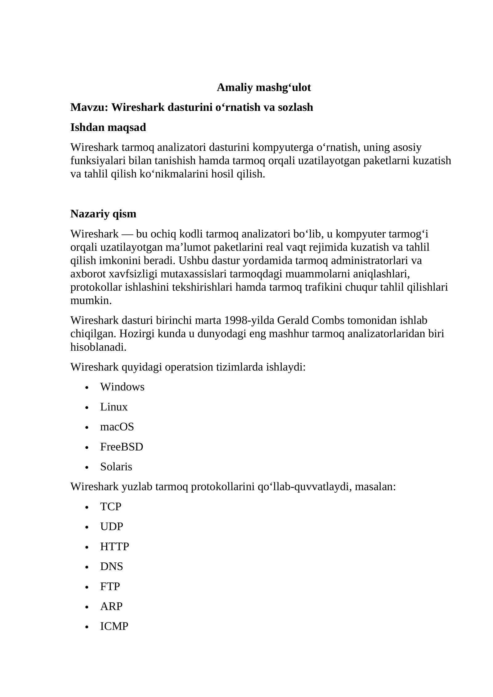 Wireshark dasturini o‘rnatish va sozlash