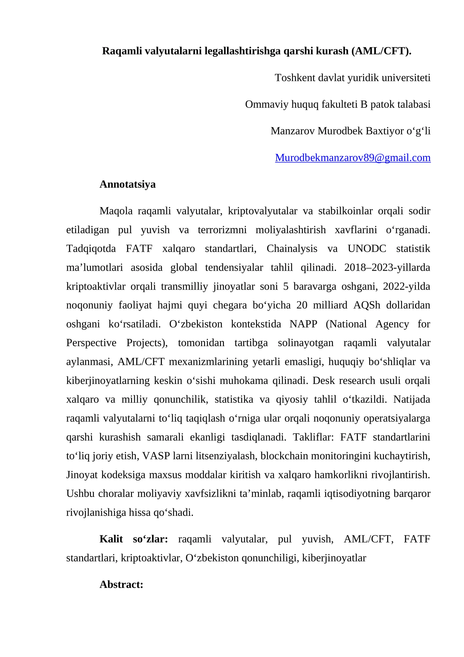 Raqamli valyutalarni legallashtirishga qarshi kurash AML/CFT