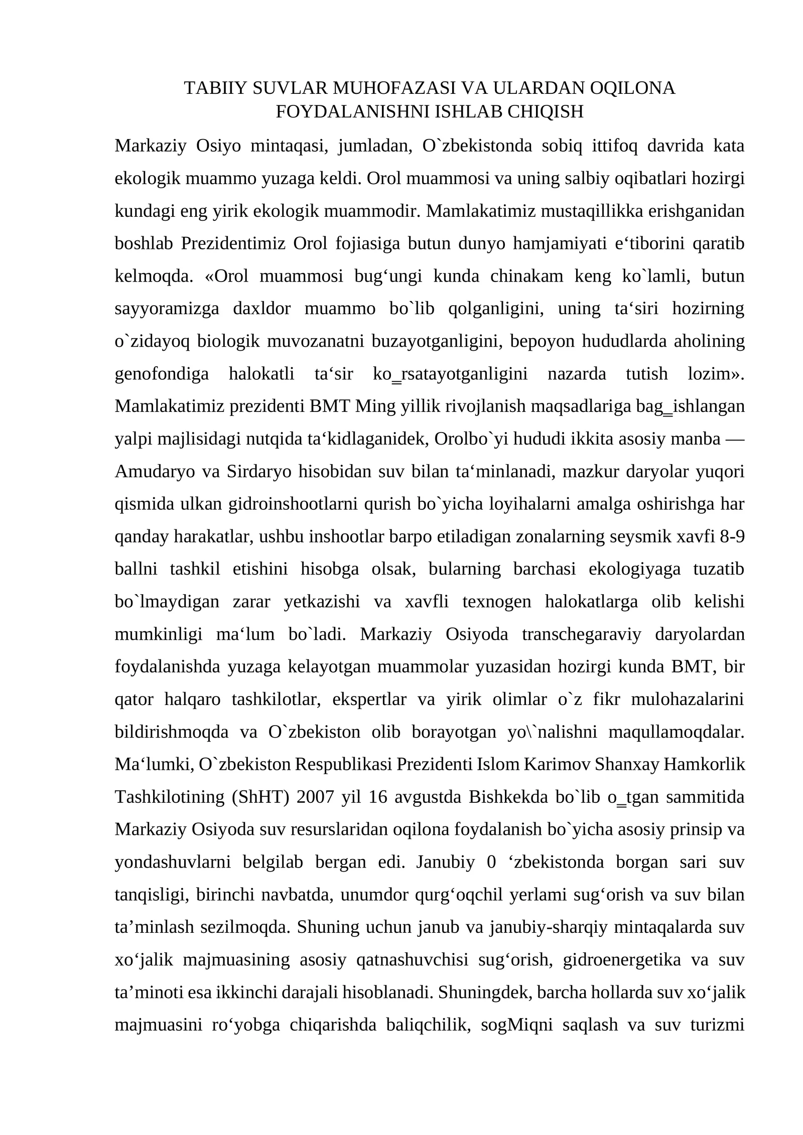 TABIIY SUVLAR MUHOFAZASI VA ULARDAN OQILONA FOYDALANISHNI ISHLAB CHIQISH.docx