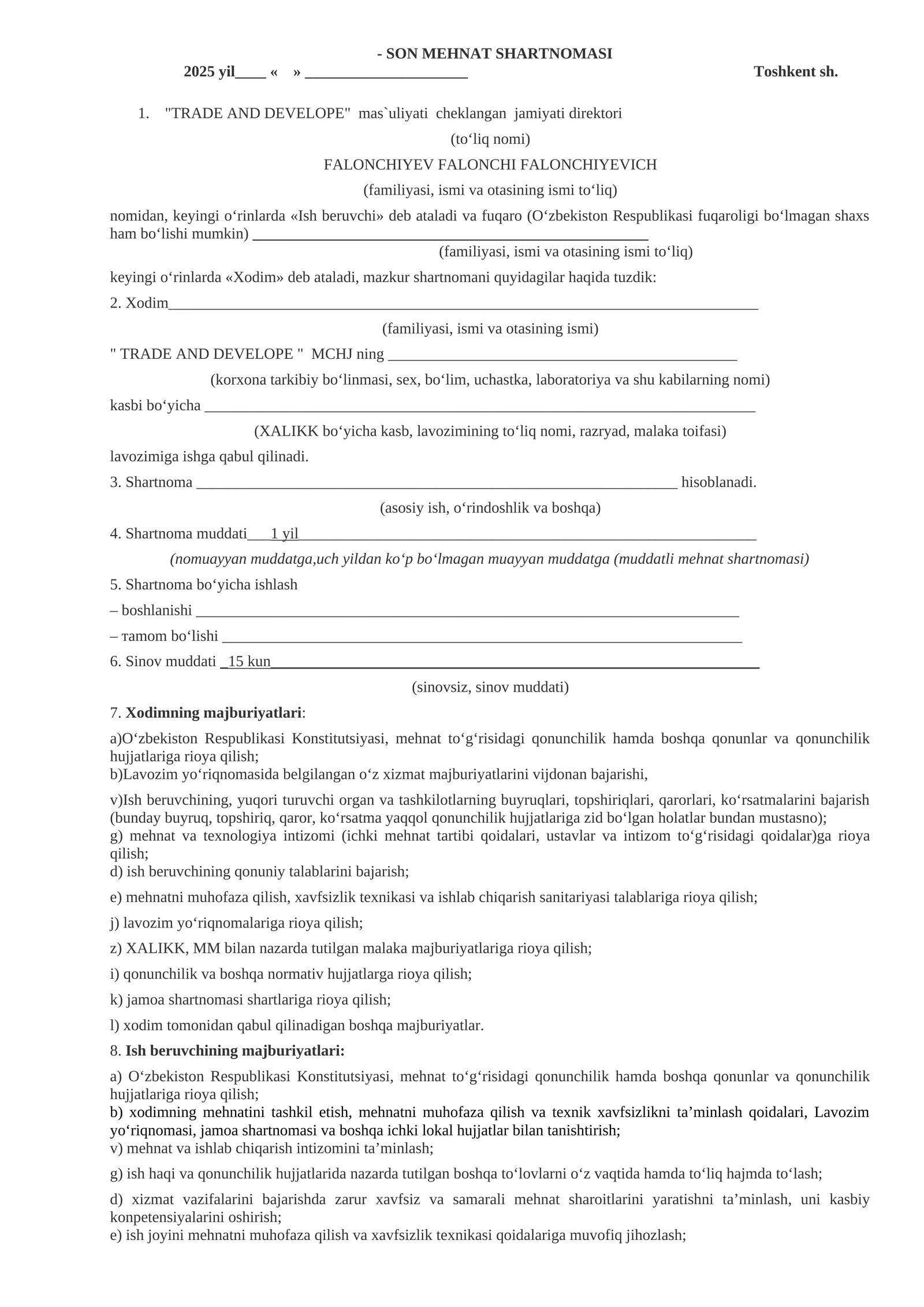 Mehnat shartnomasi namunasi shablon