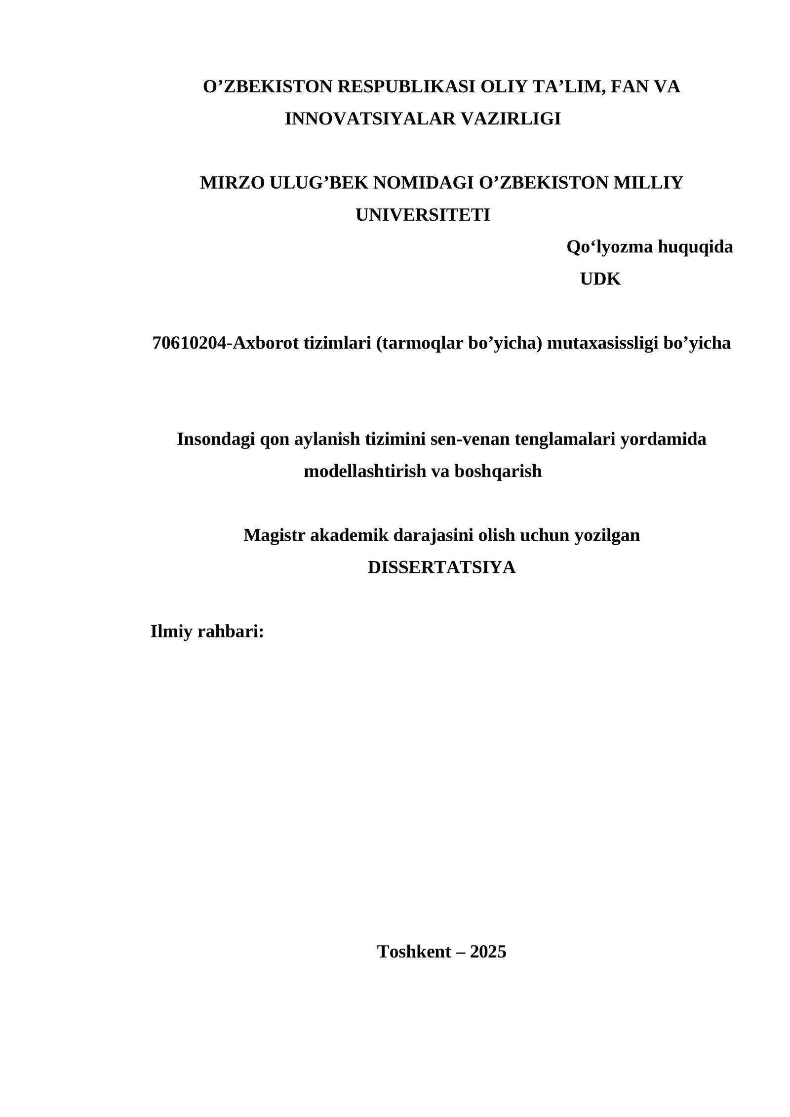 Insondagi qon aylanish tizimini sen-venan tenglamalari yordamida modellashtirish va boshqarish