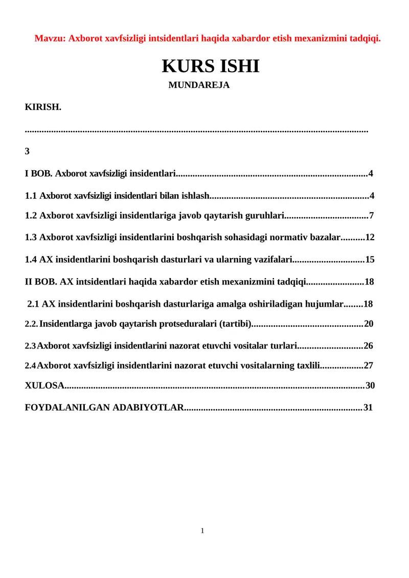 Axborot xavfsizligi intsidentlari haqida xabardor etish mexanizmini tadqiqi