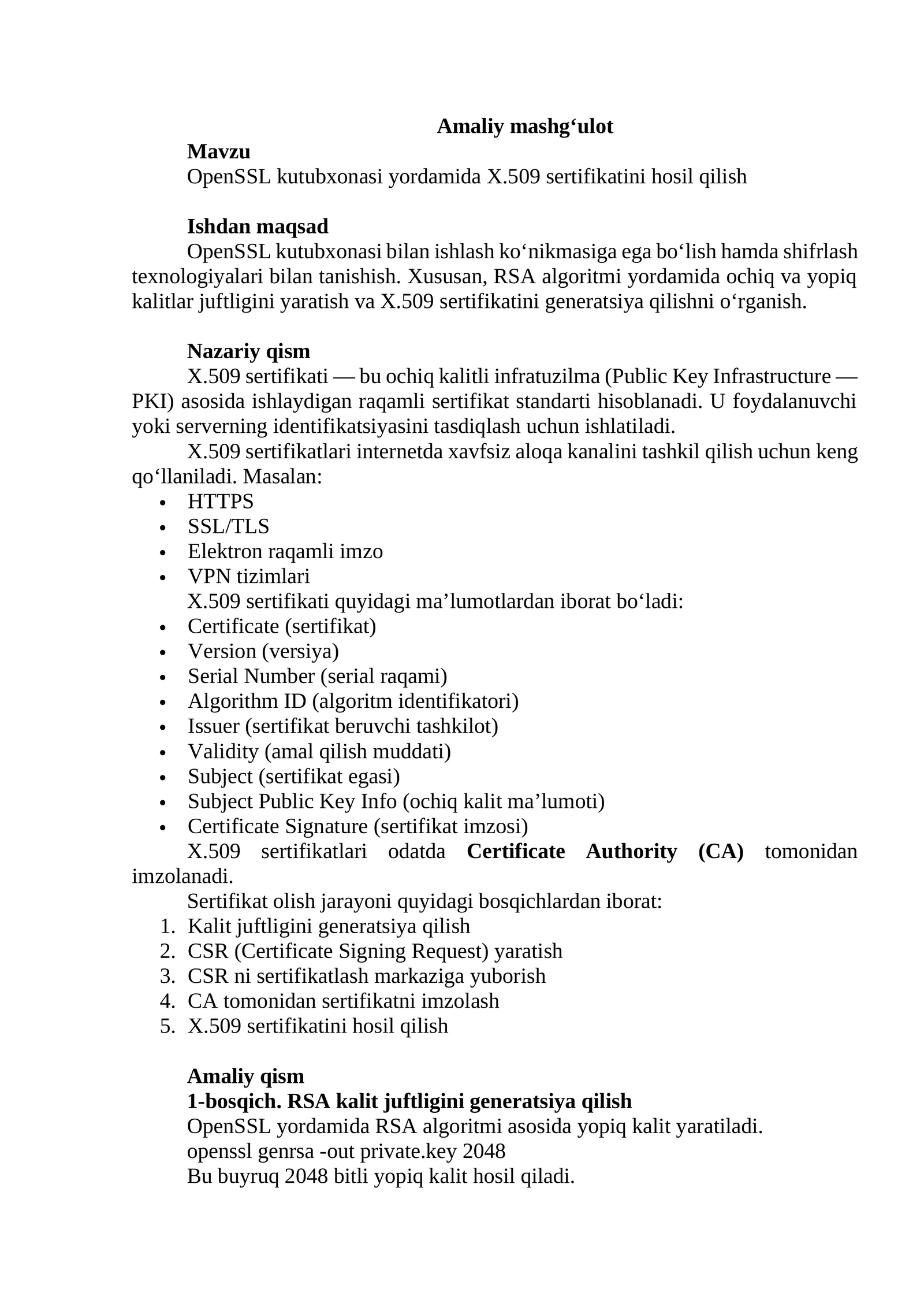 OpenSSL kutubxonasi yordamida X.509 sertifikatini hosil qilish