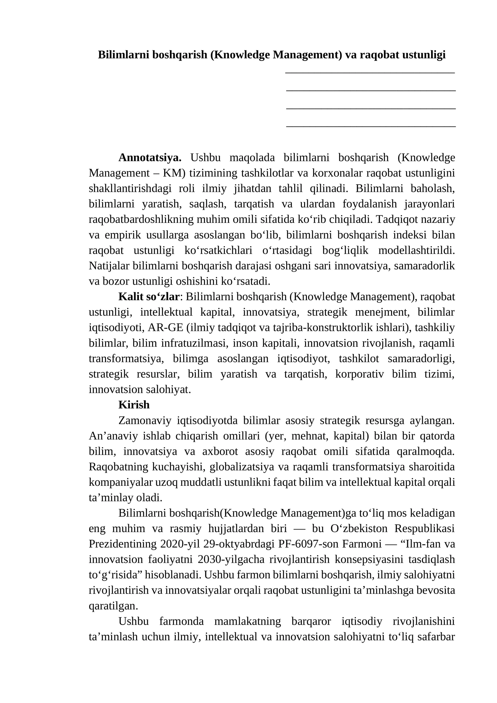 Bilimlarni boshqarish (Knowledge Management) va raqobat ustunligi