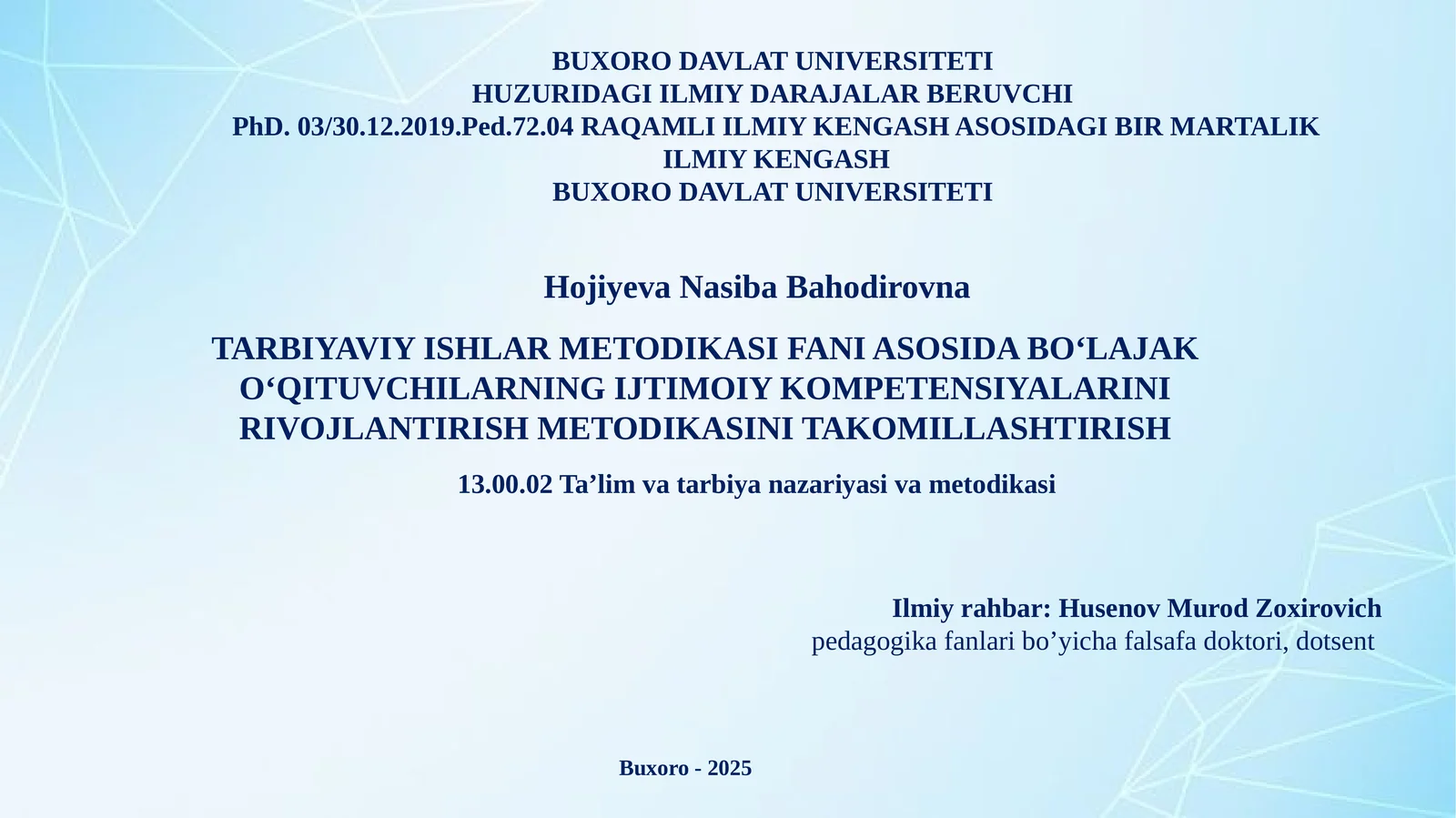 TARBIYAVIY ISHLAR METODIKASI FANI ASOSIDA BO‘LAJAK O‘QITUVCHILARNING IJTIMOIY KOMPETENSIYALARINI RIVOJLANTIRISH METODIKASI