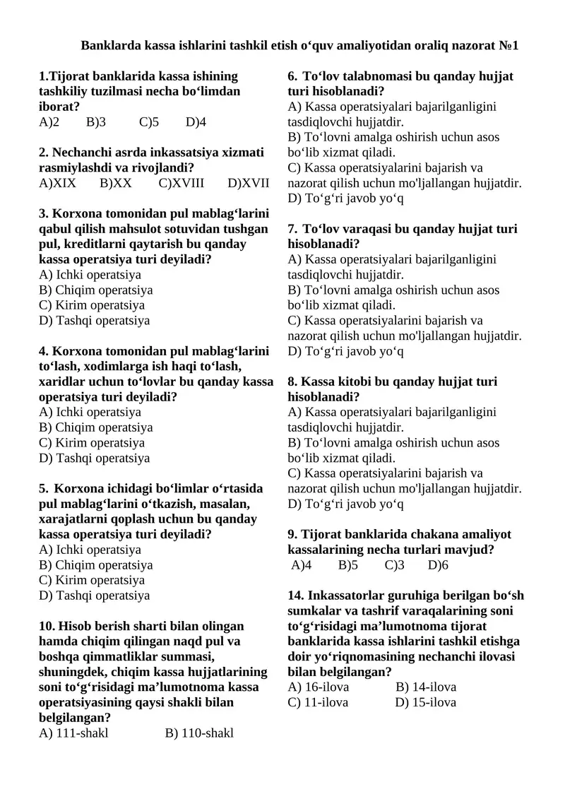Banklarda kassa ishlari fanidan oraliq nazorat 1