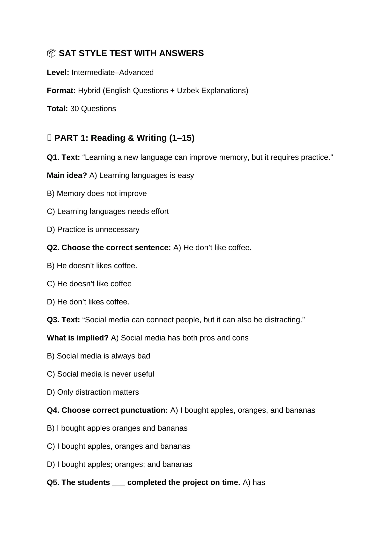 SAT STYLE TEST WITH ANSWERS