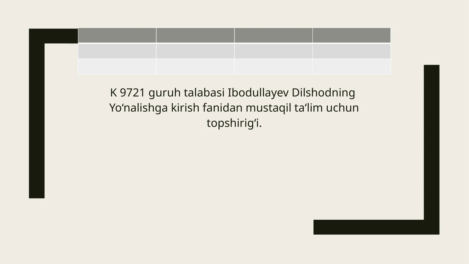 Yo‘nalishga kirish fanidan mustaqil ta‘lim uchun topshirig‘i